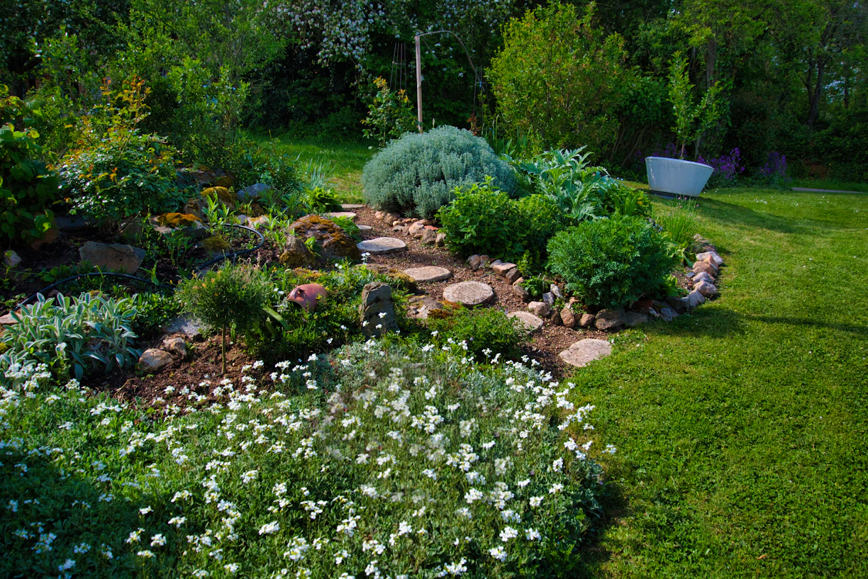 Lush green garden with flowers, plants, and a rock path.