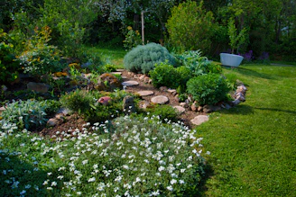 Lush green garden with flowers, plants, and a rock path.