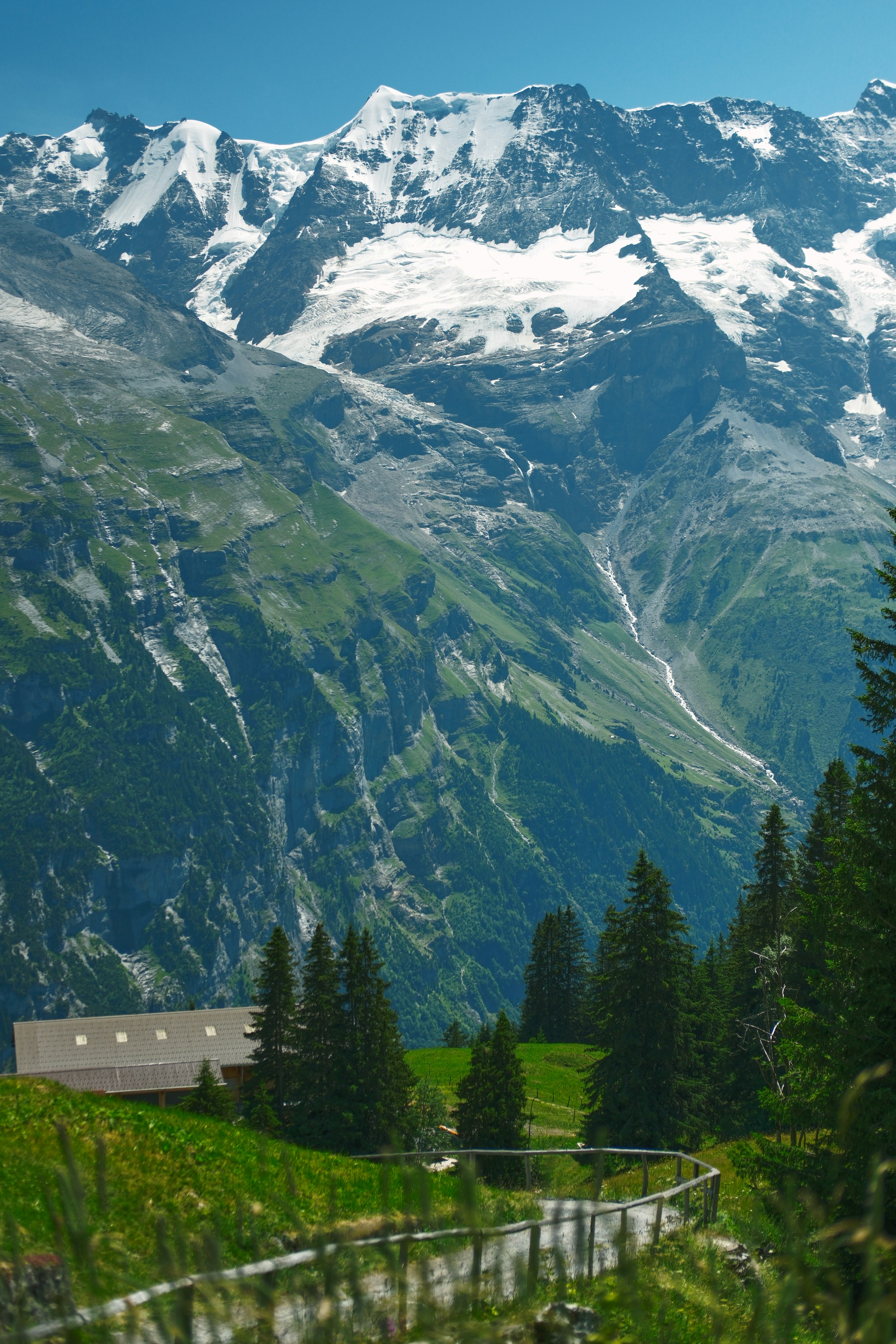 Majestic snow-capped mountains, green valley, forest, and distant building