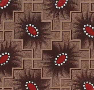 Repeating brown pattern with red ovals and white dots