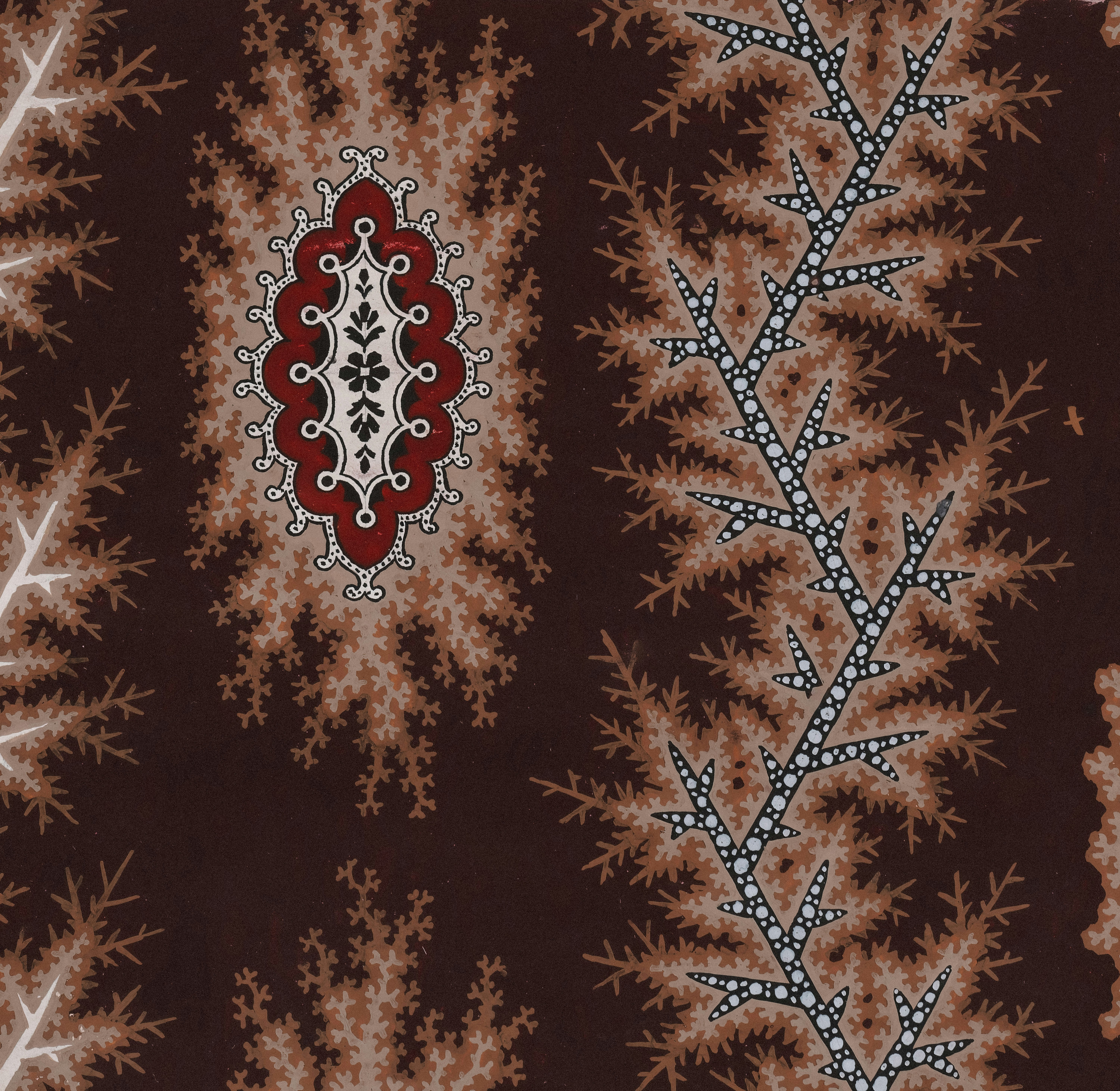 Fractal-like patterns with ornate red medallion on dark brown