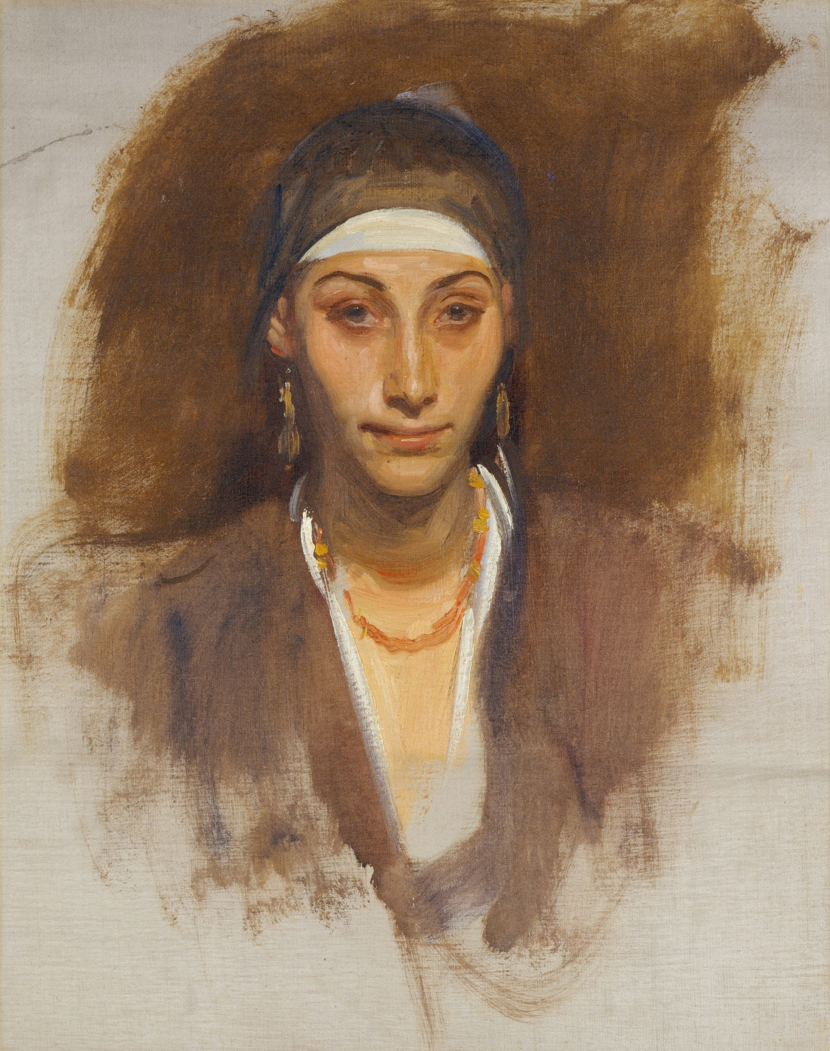 A painted portrait of a woman with a headscarf