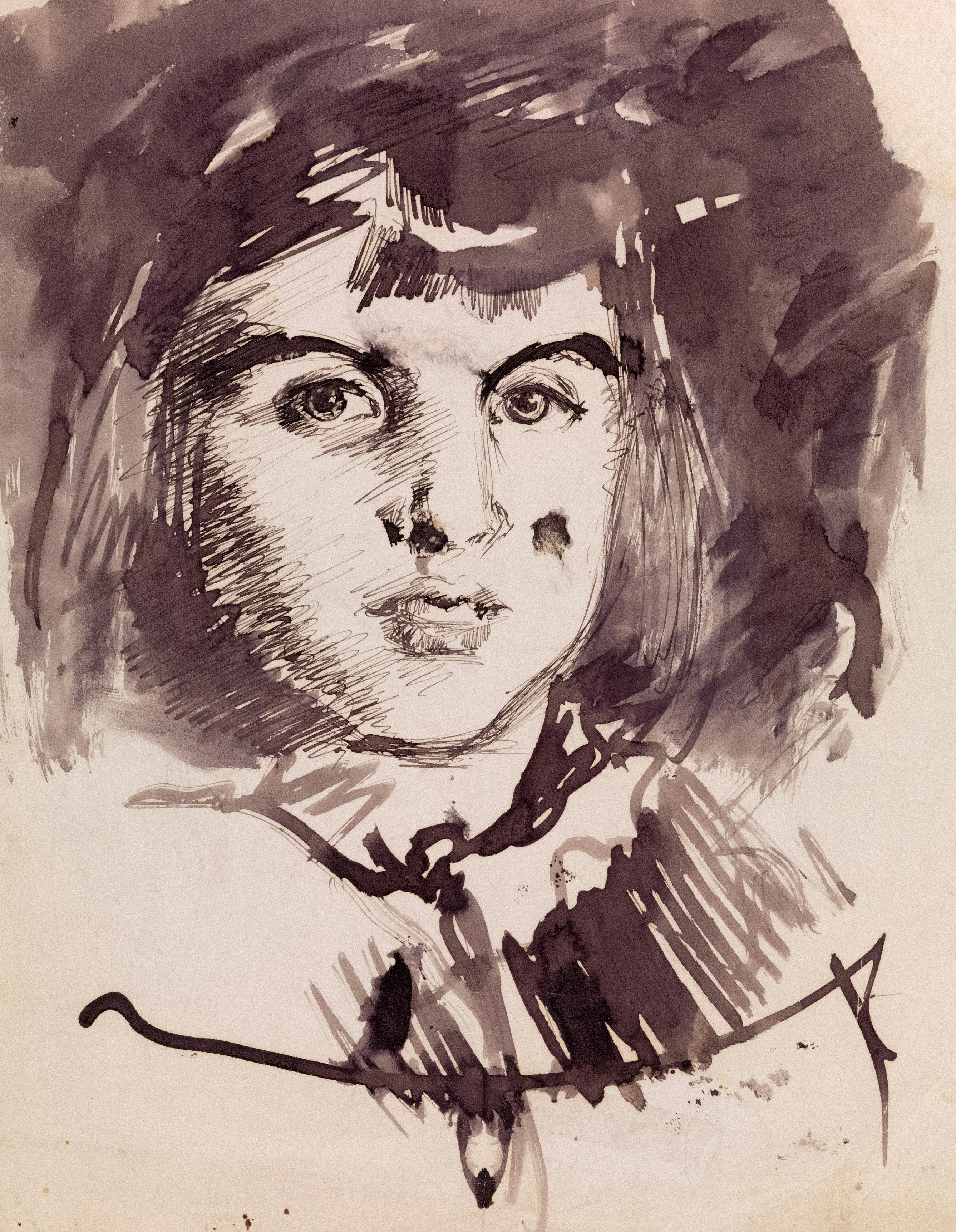 An expressive ink drawing of a young person's face