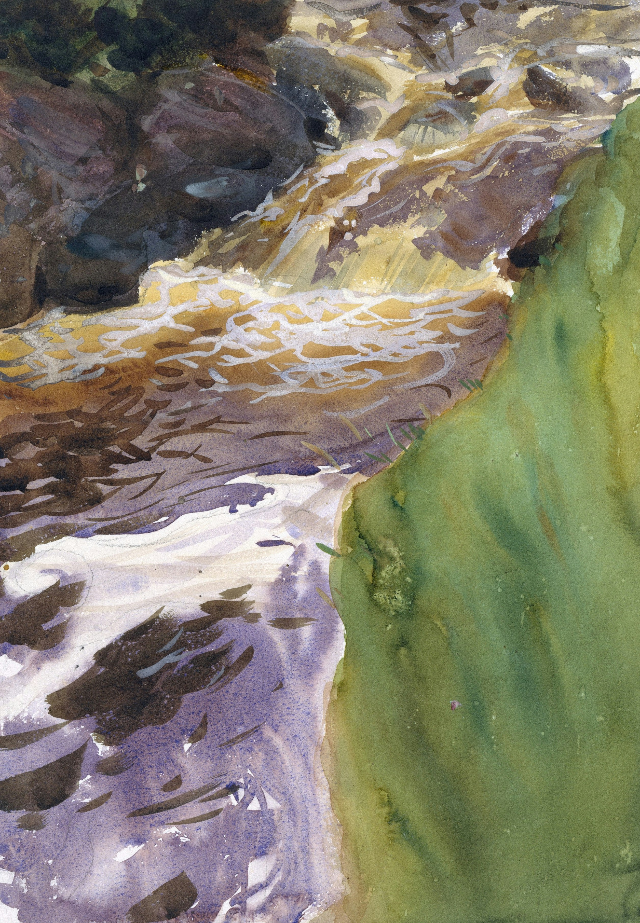 Watercolor painting of a river with rapids and green bank.