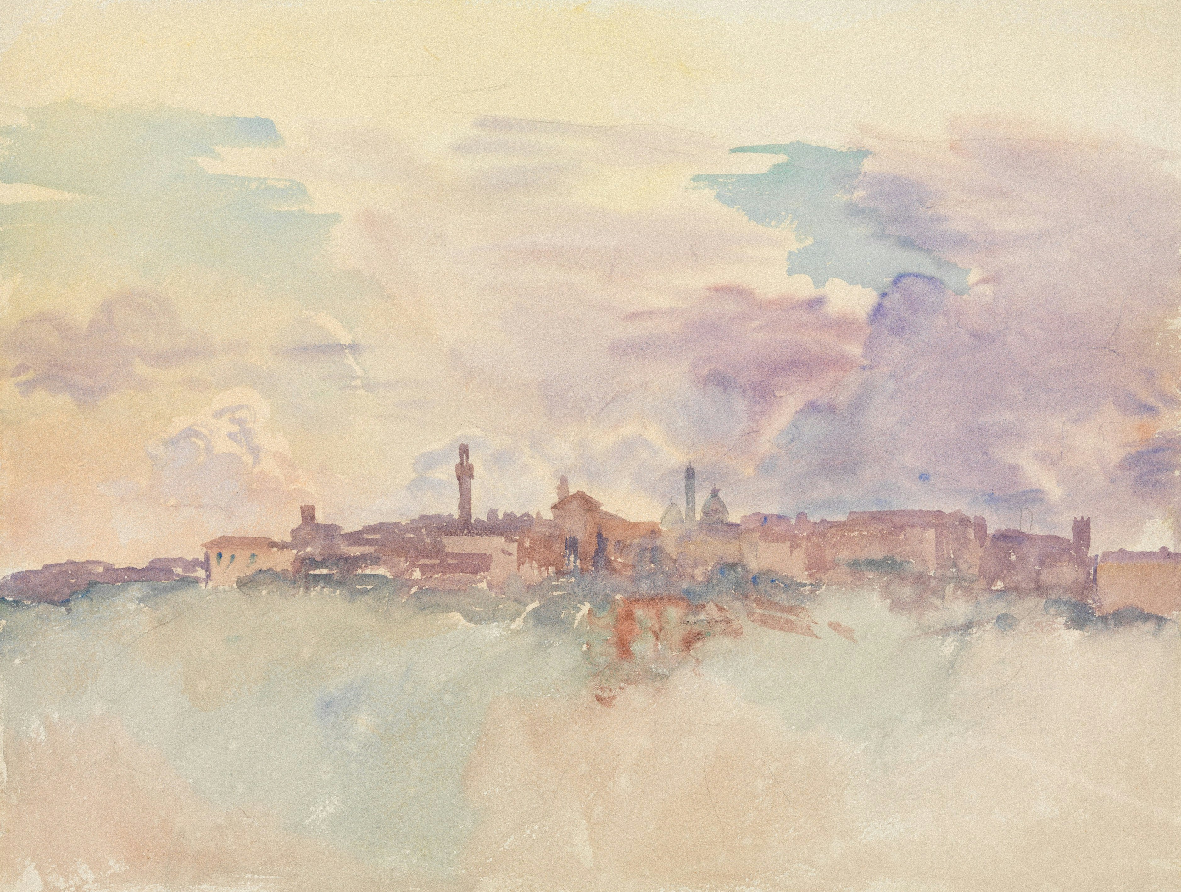 Hazy watercolor cityscape with soft pastel clouds.