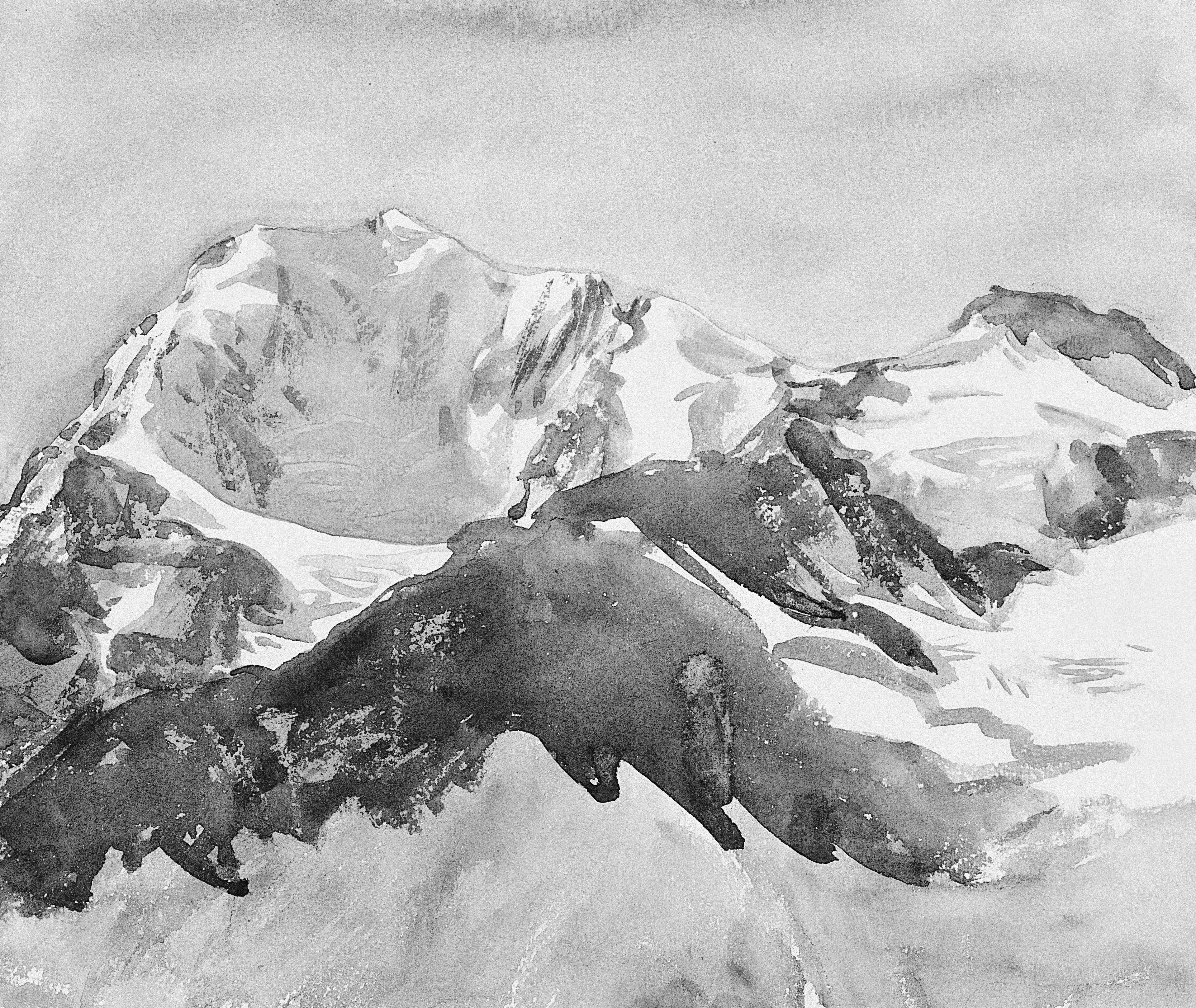 Black and white watercolor painting of majestic snow-capped mountains.