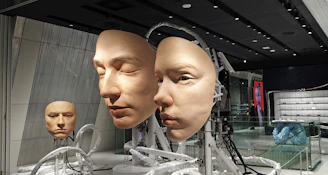 Human-like robot faces displayed in a modern exhibition