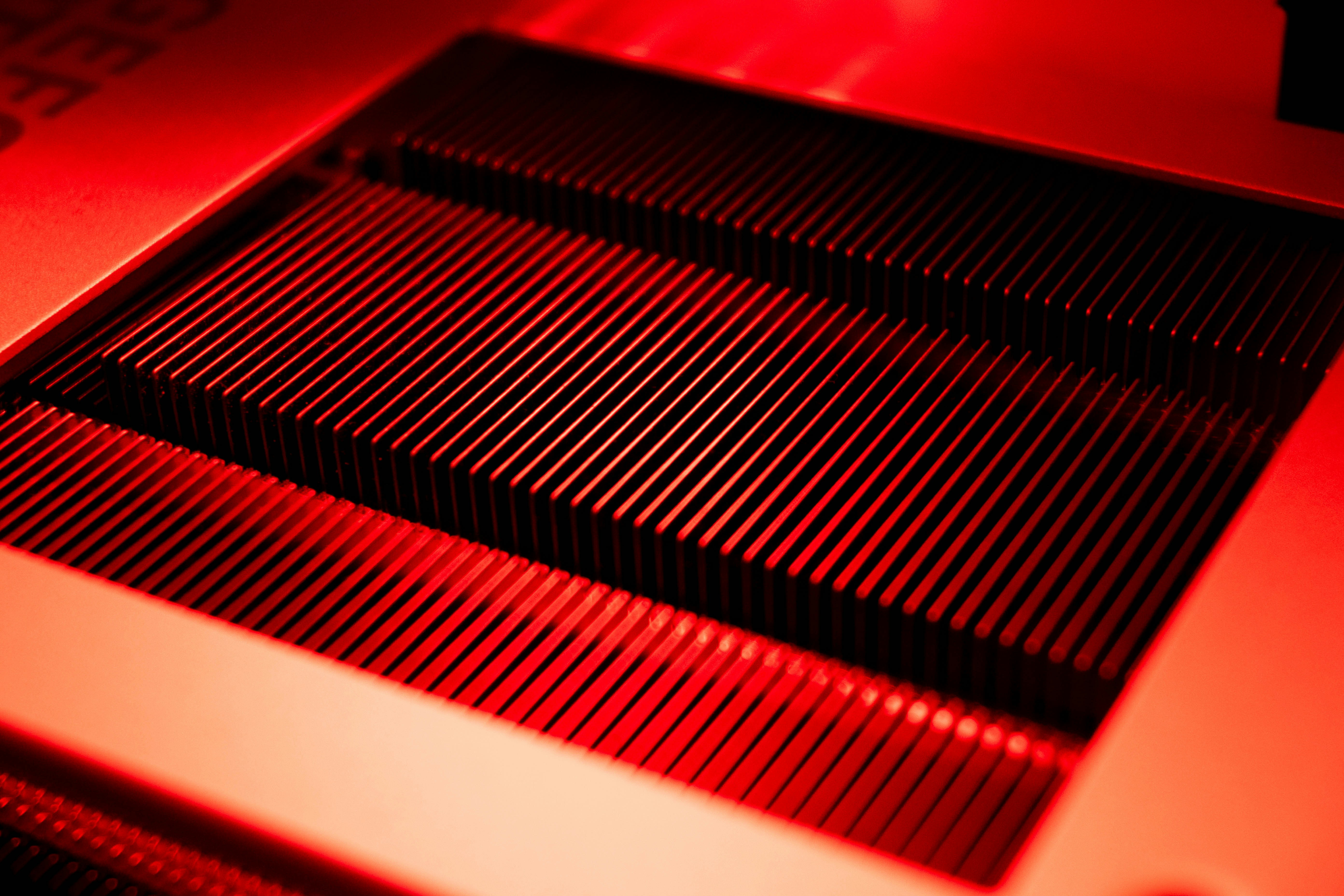 Close-up of metal cooling fins on an electronic component