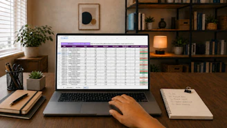 Hand operating laptop displaying data spreadsheet on a desk.