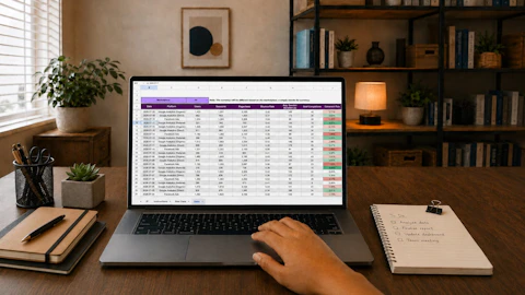 Hand operating laptop displaying data spreadsheet on a desk.