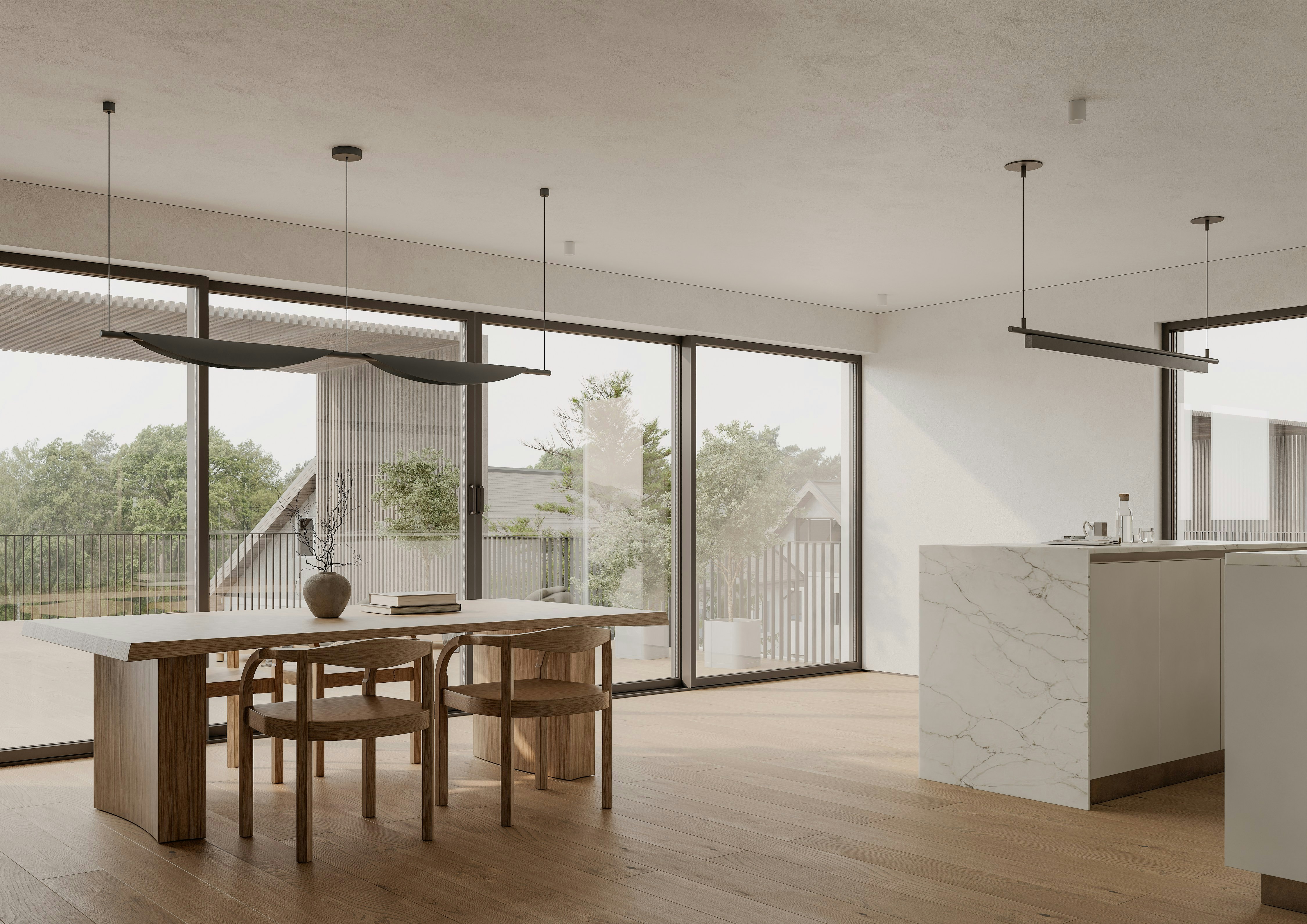 Modern dining room with large windows and wooden floor.
