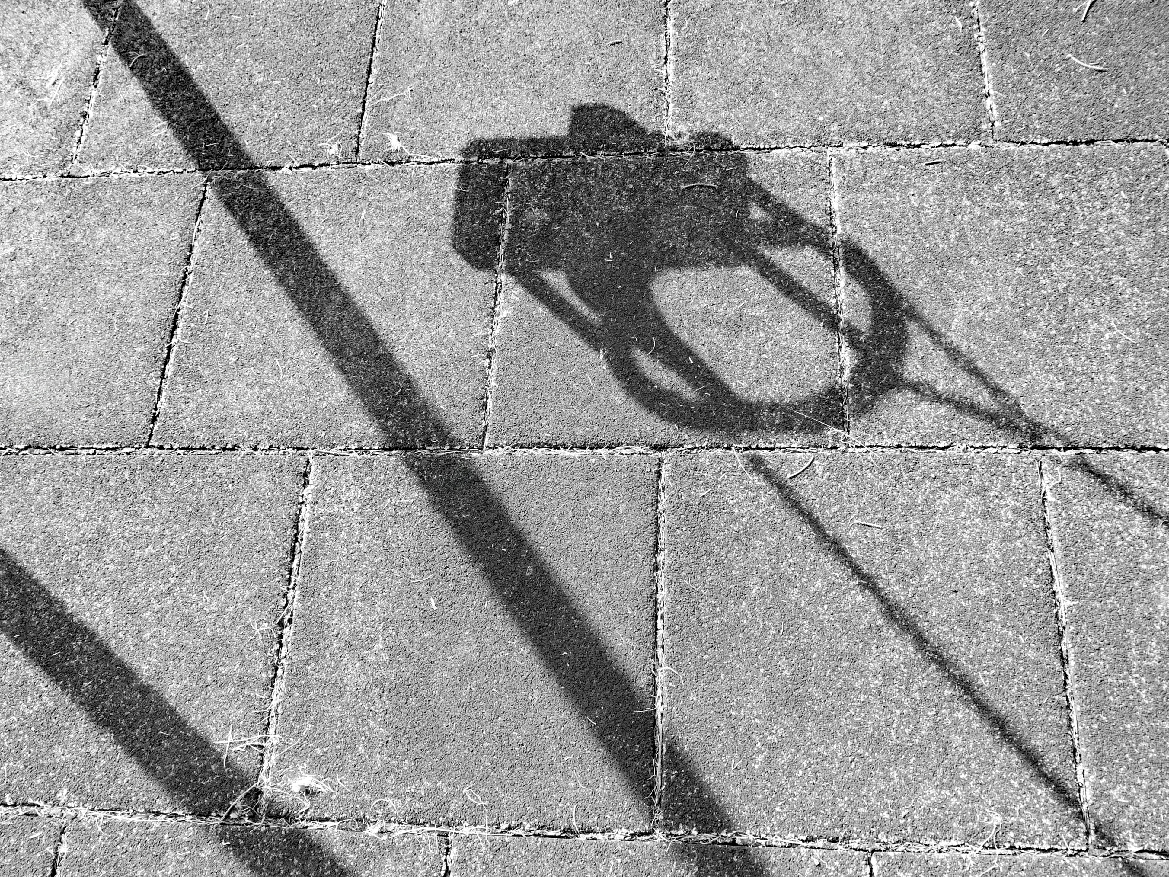 Strong shadows of a camera and lines on stone pavement.