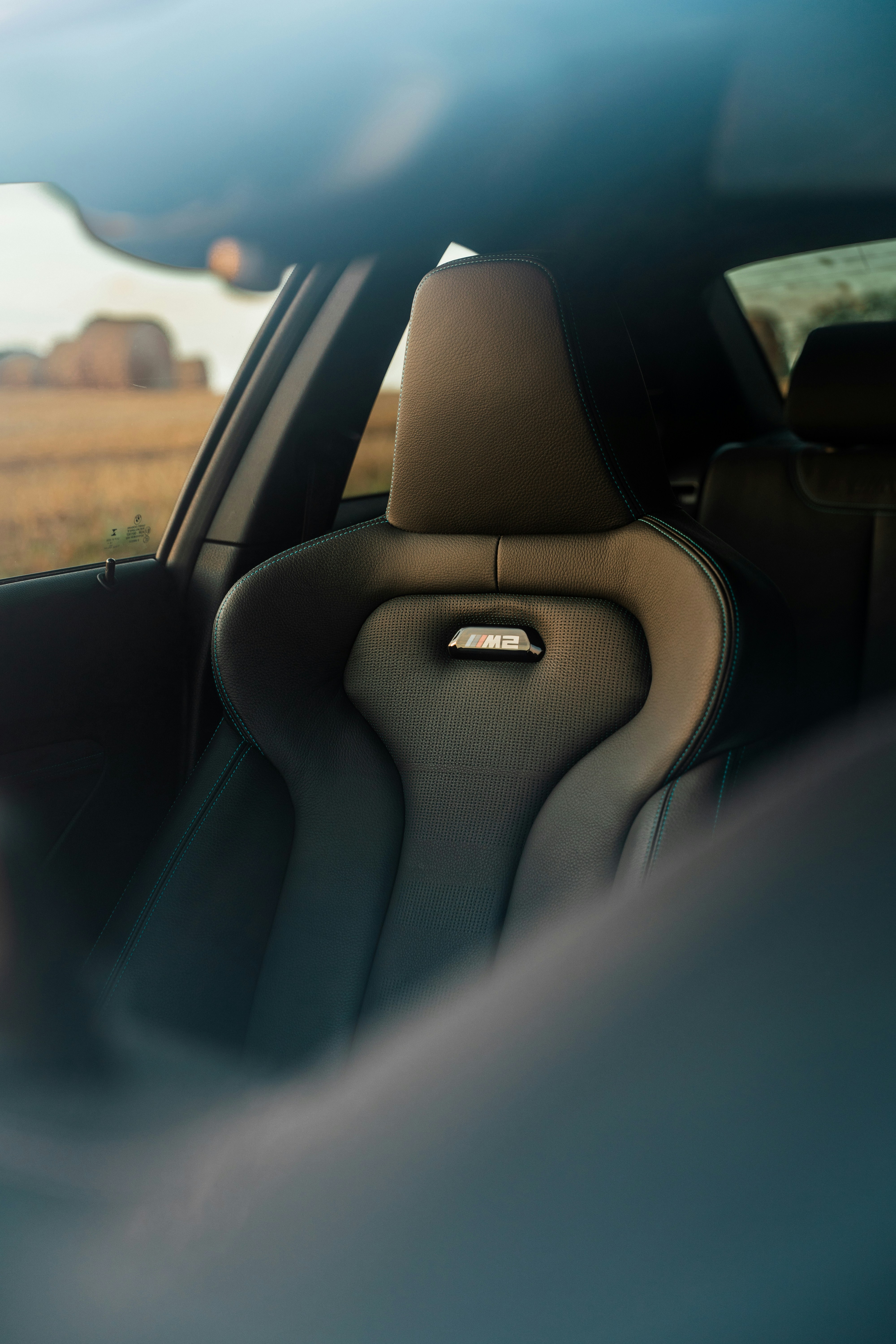 Black leather sports car seat with field background.