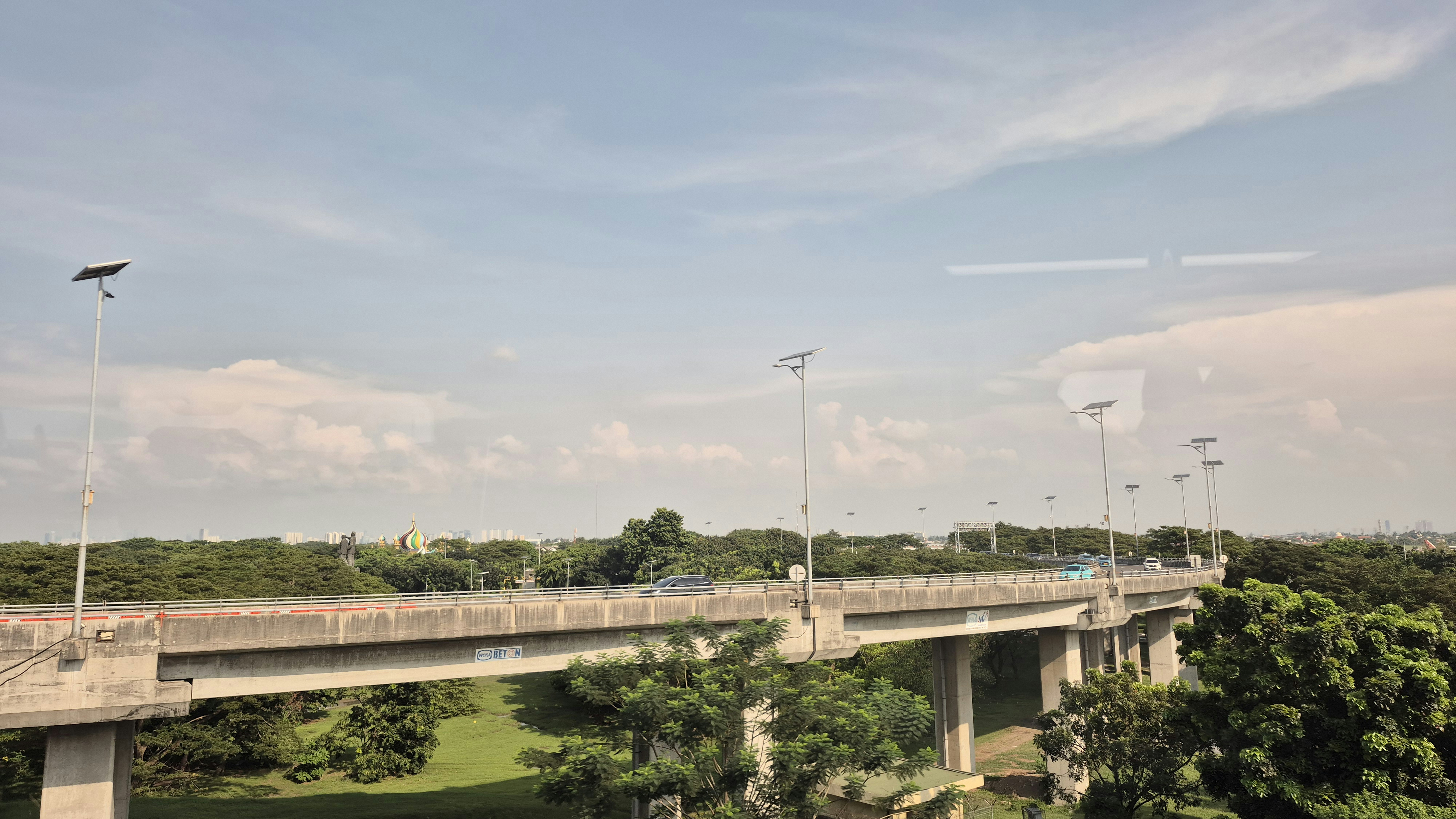 Ponte elevada de concreto com postes de luz cruza uma paisagem verde.