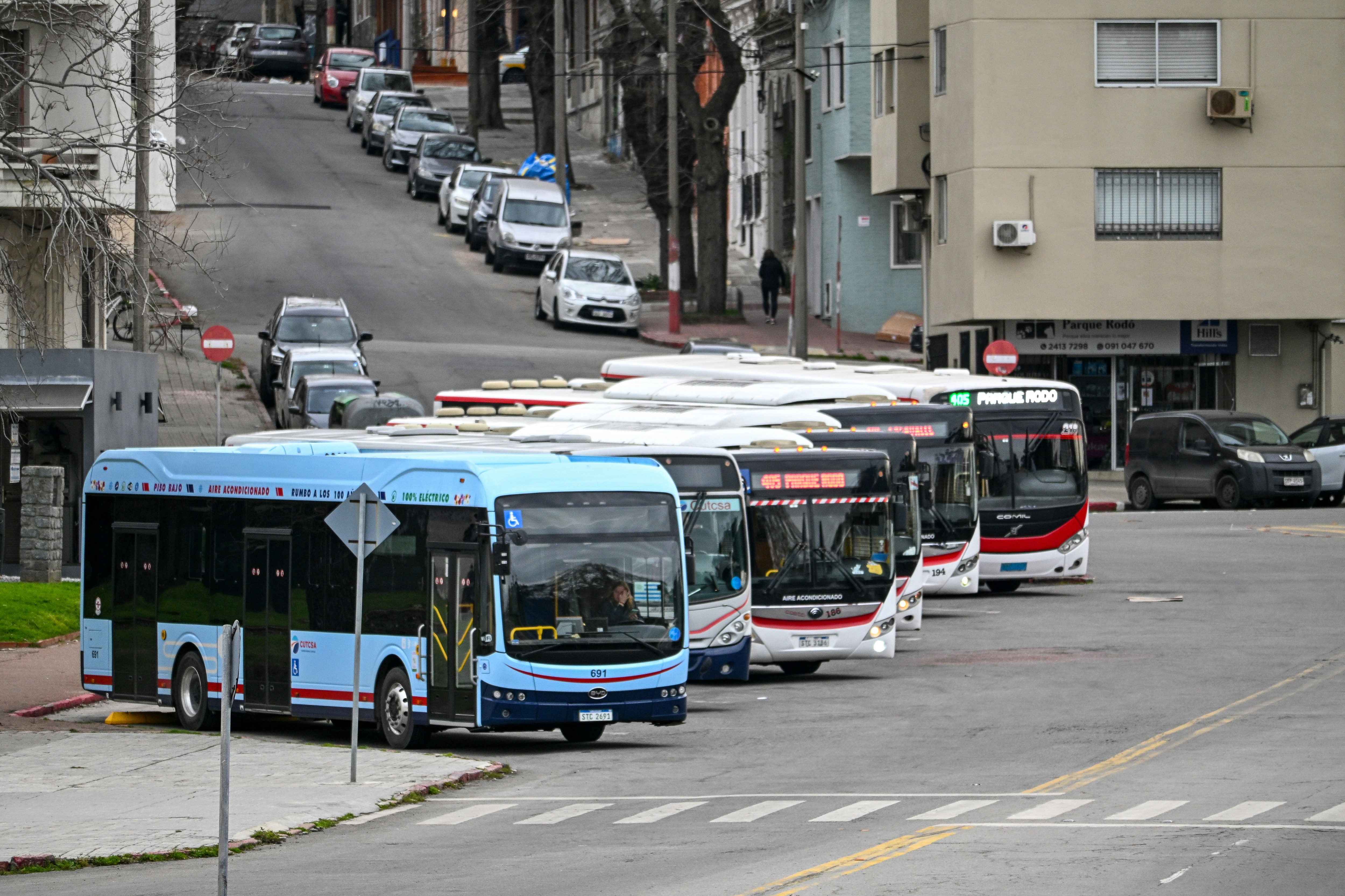 A row of public buses parked on a city street.