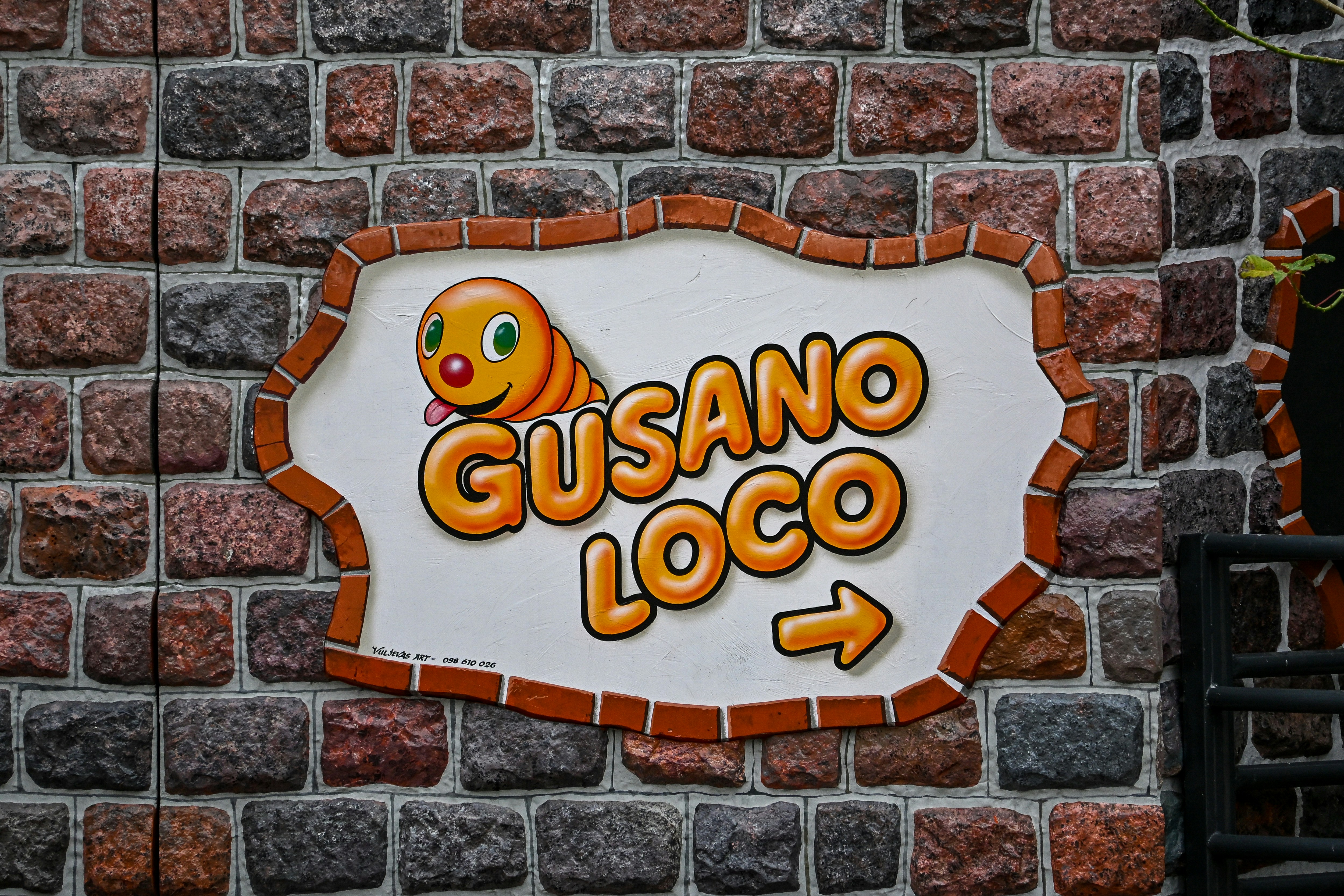 Cartoon worm and "gusano loco" sign on a brick wall.