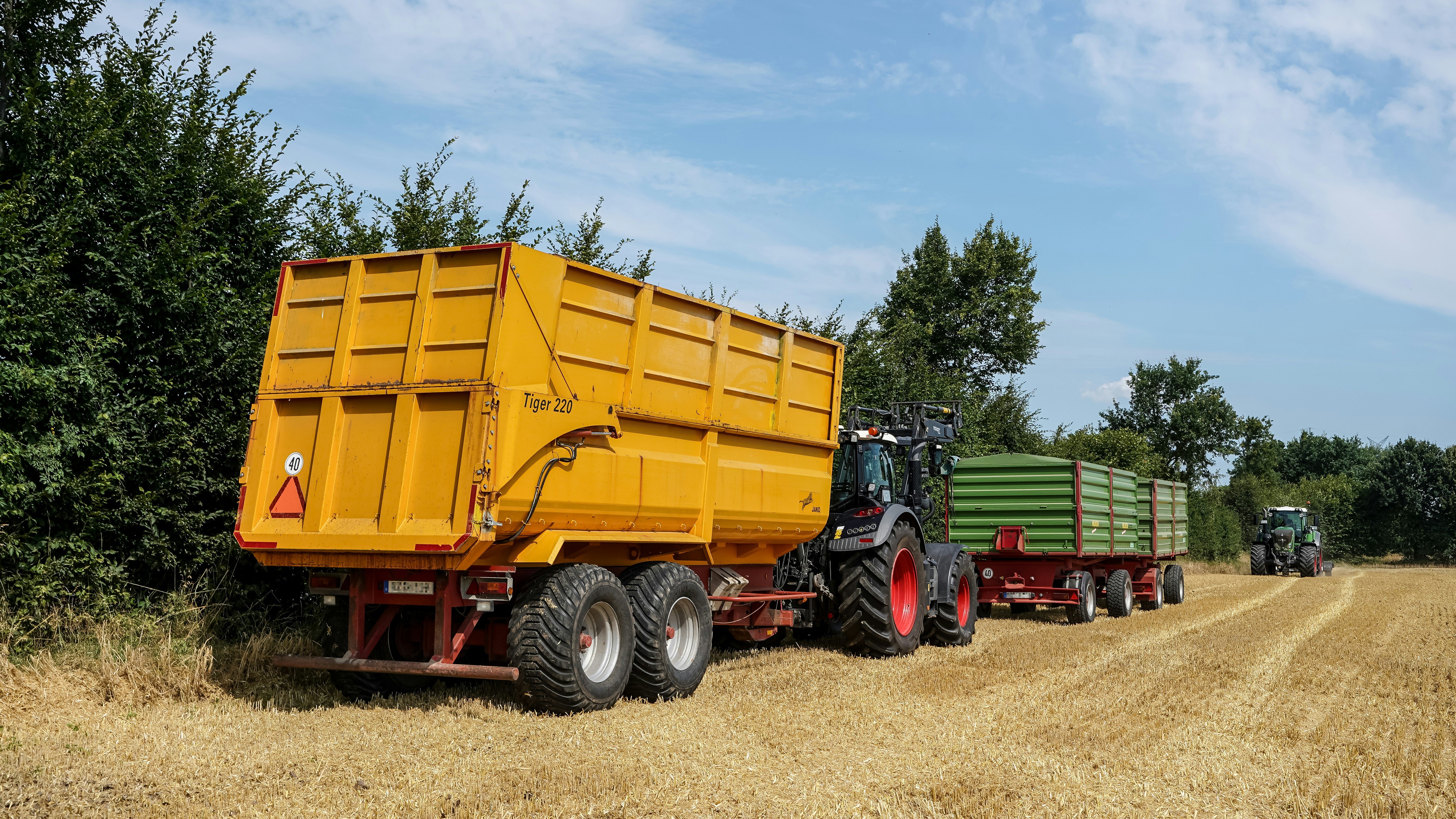 Trator agrícola puxando dois reboques por um campo dourado colhido.