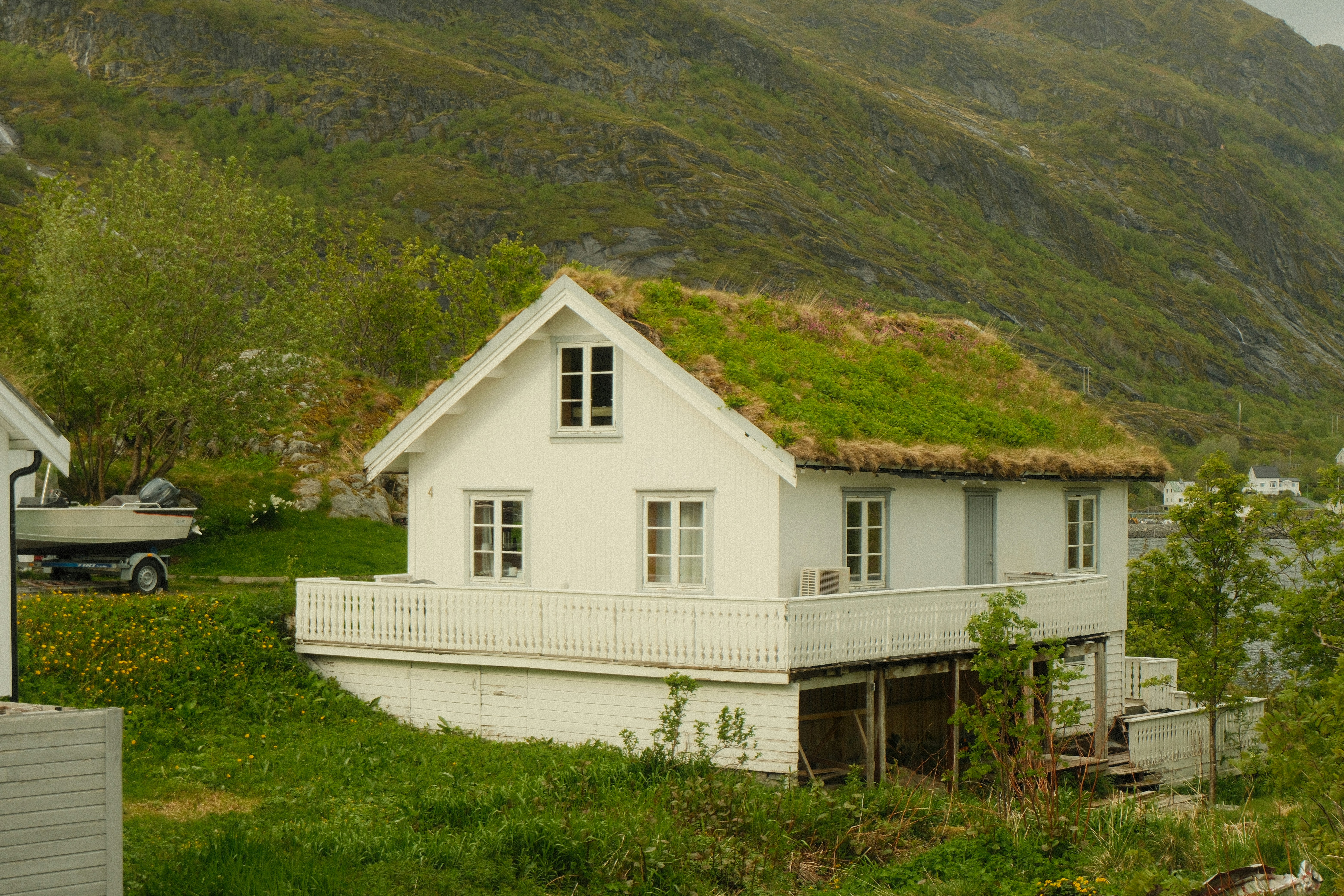 Traditional white house with a vibrant green sod roof