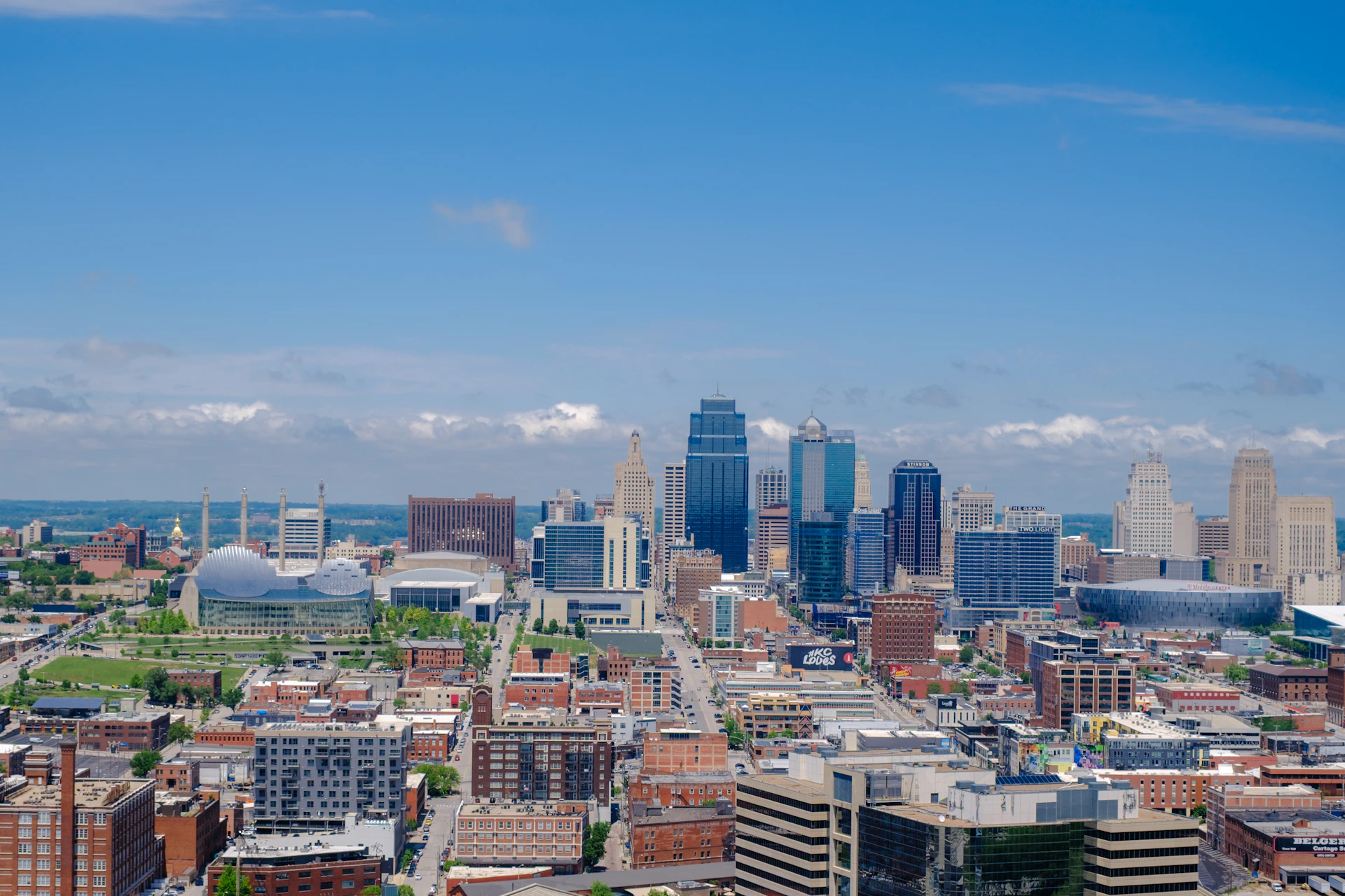 Kansas city skyline under a clear blue sky