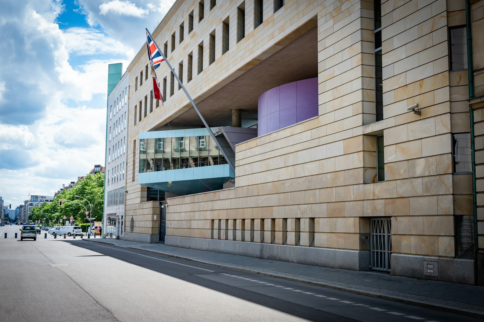 British embassy building with the national flag