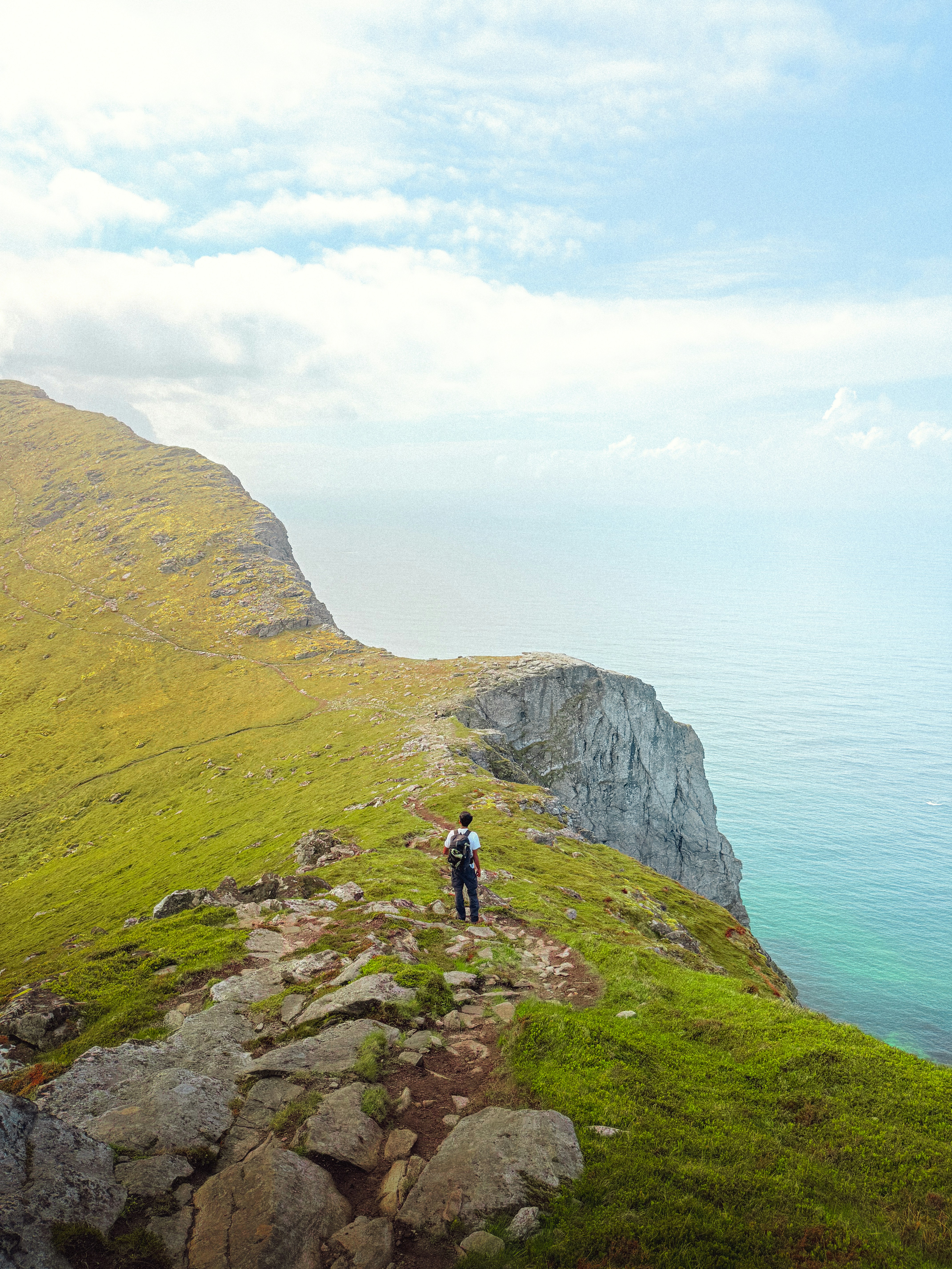 A person stands on a grassy cliff overlooking the ocean
