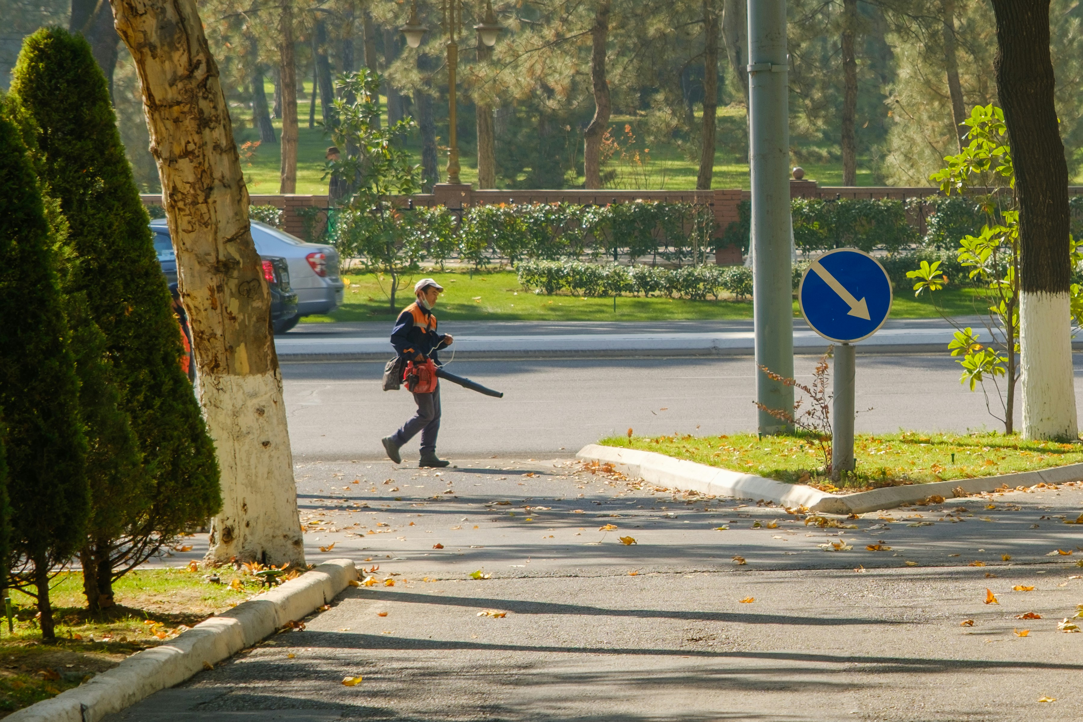 Worker carrying a leaf blower across an outdoor path.