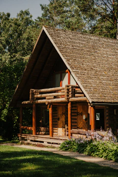 A rustic wooden log cabin nestled among green trees