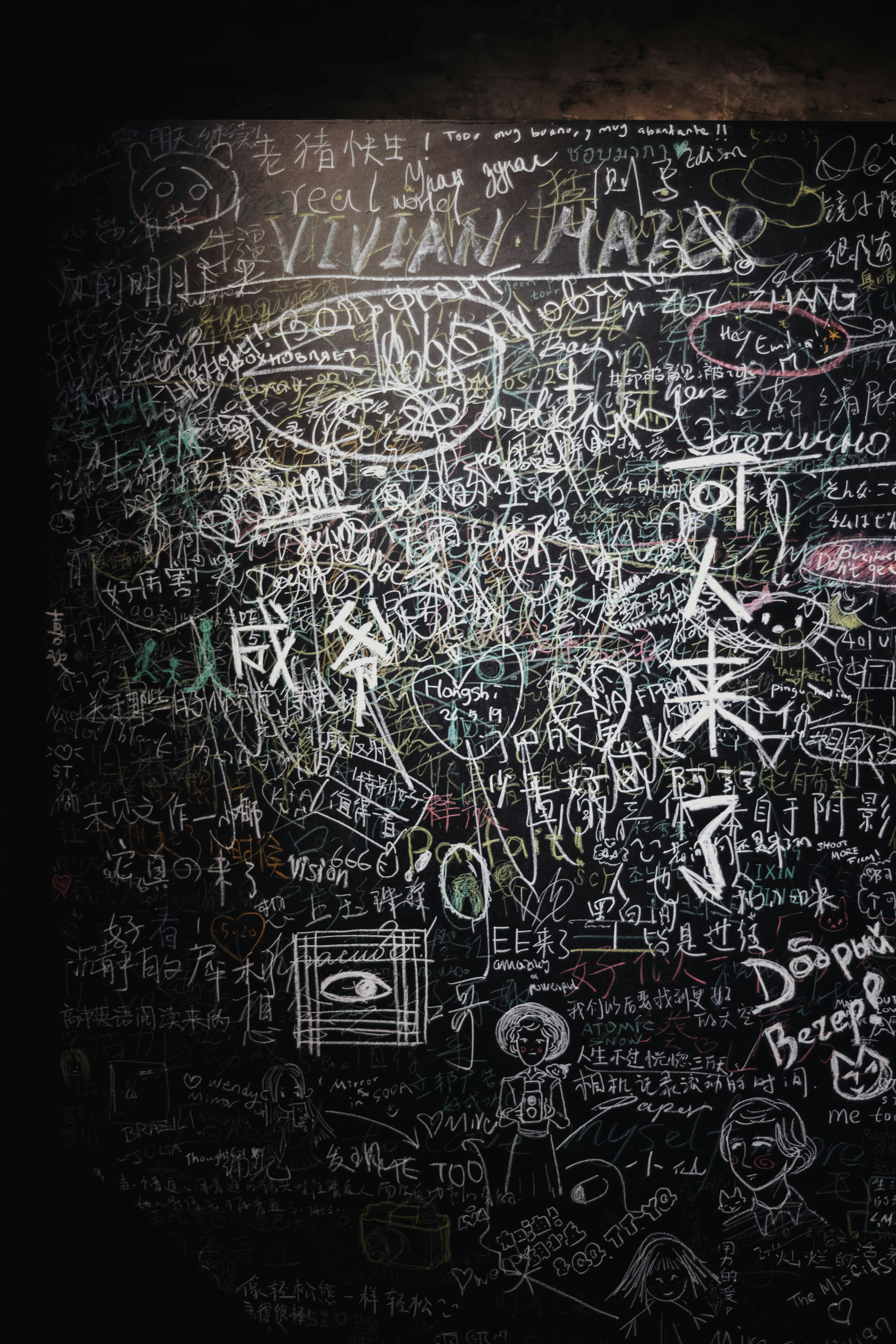 Dark wall covered in white chalk writings and drawings