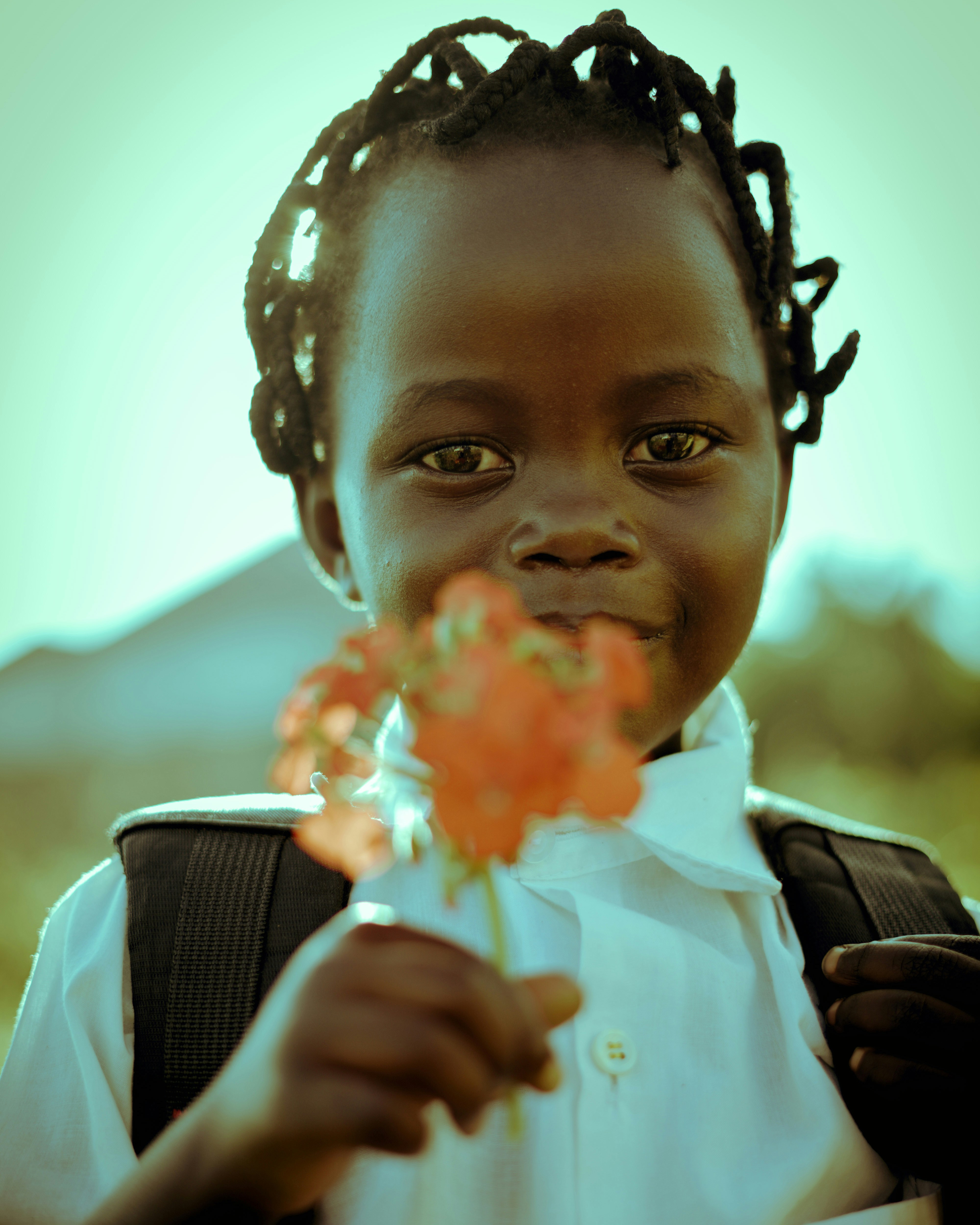 Young african child with braided hair holding orange flowers
