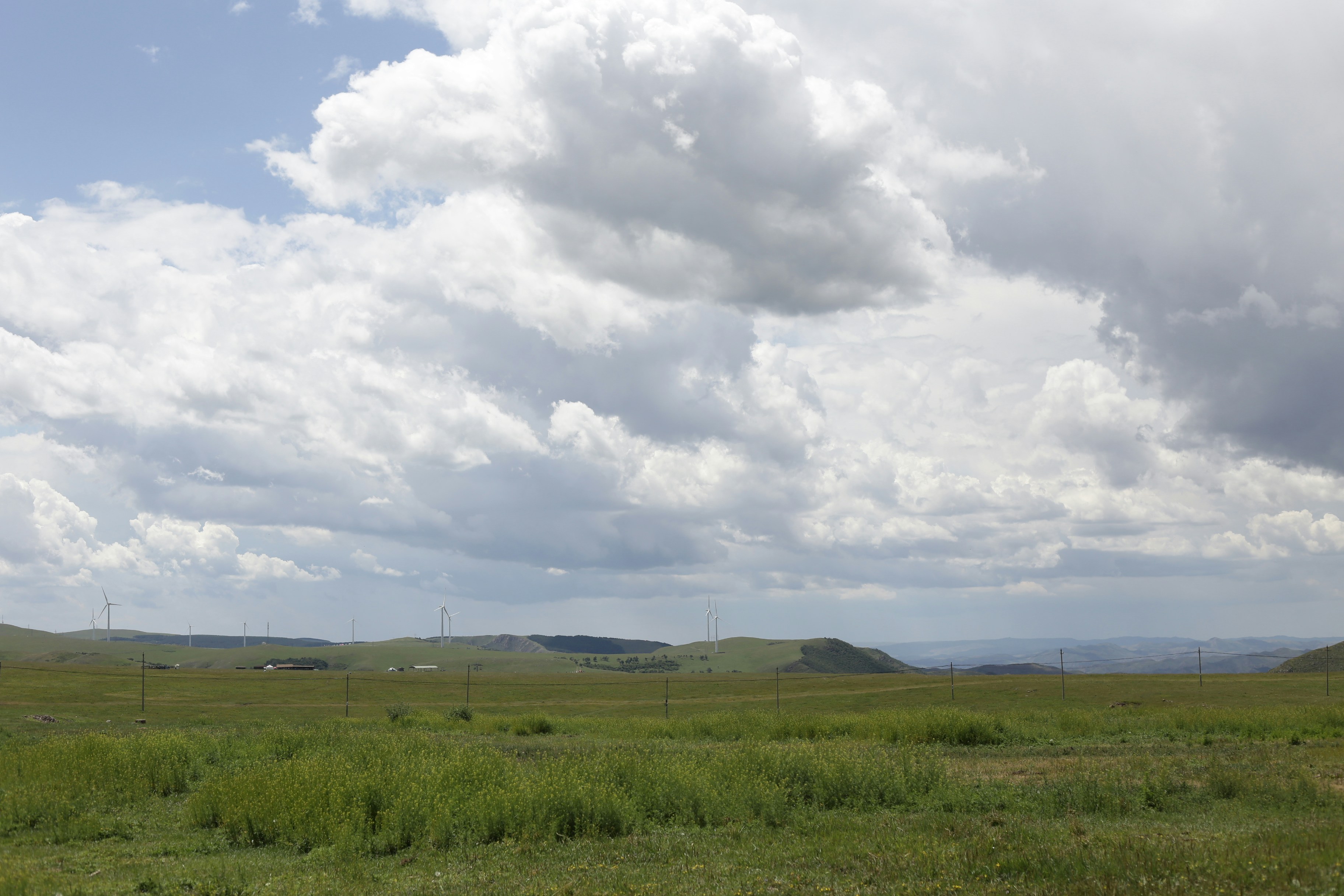 Vast green field under a cloudy sky with distant hills.