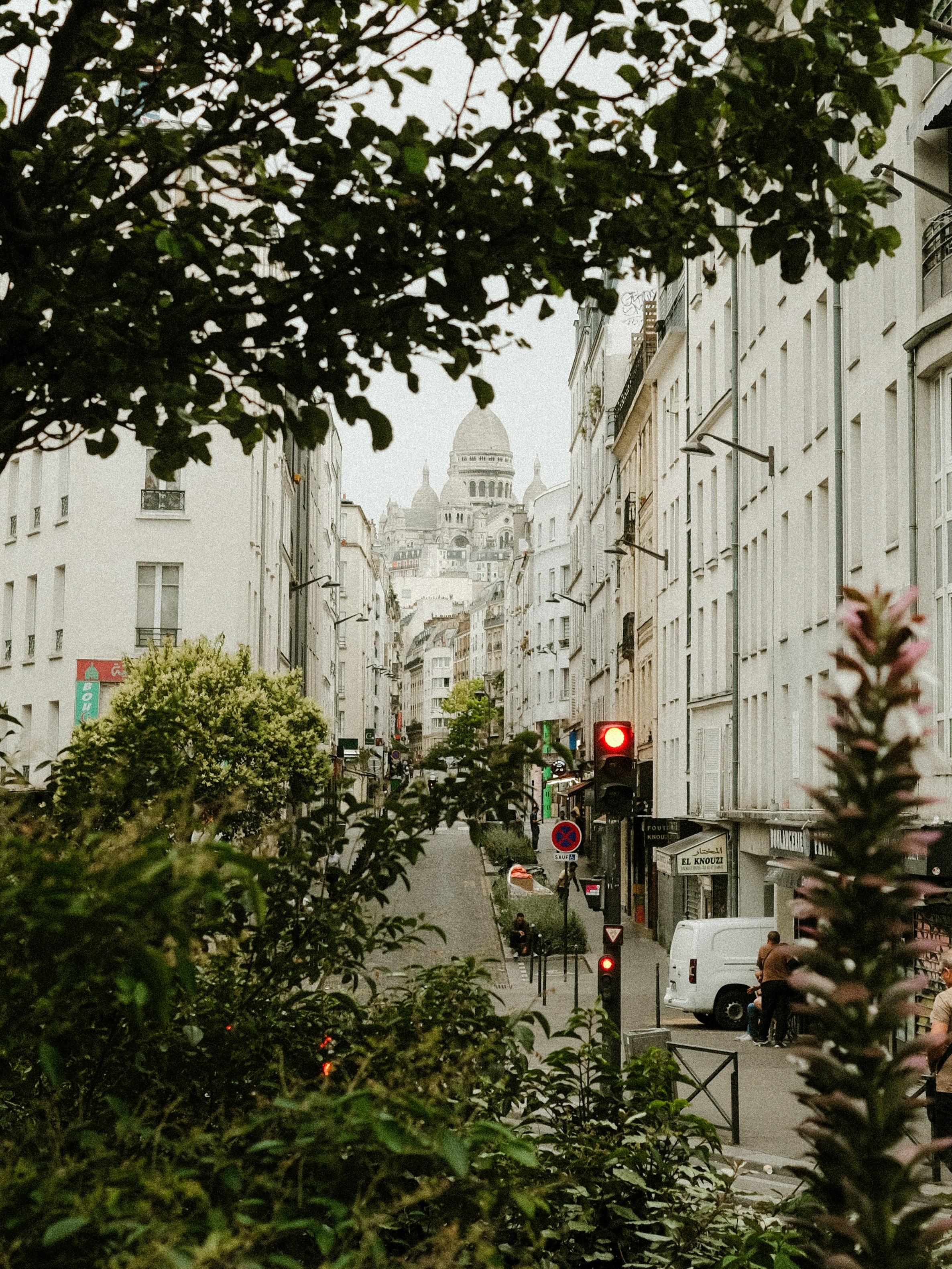 Tree-framed view of sacré-cœur basilica down a city street.