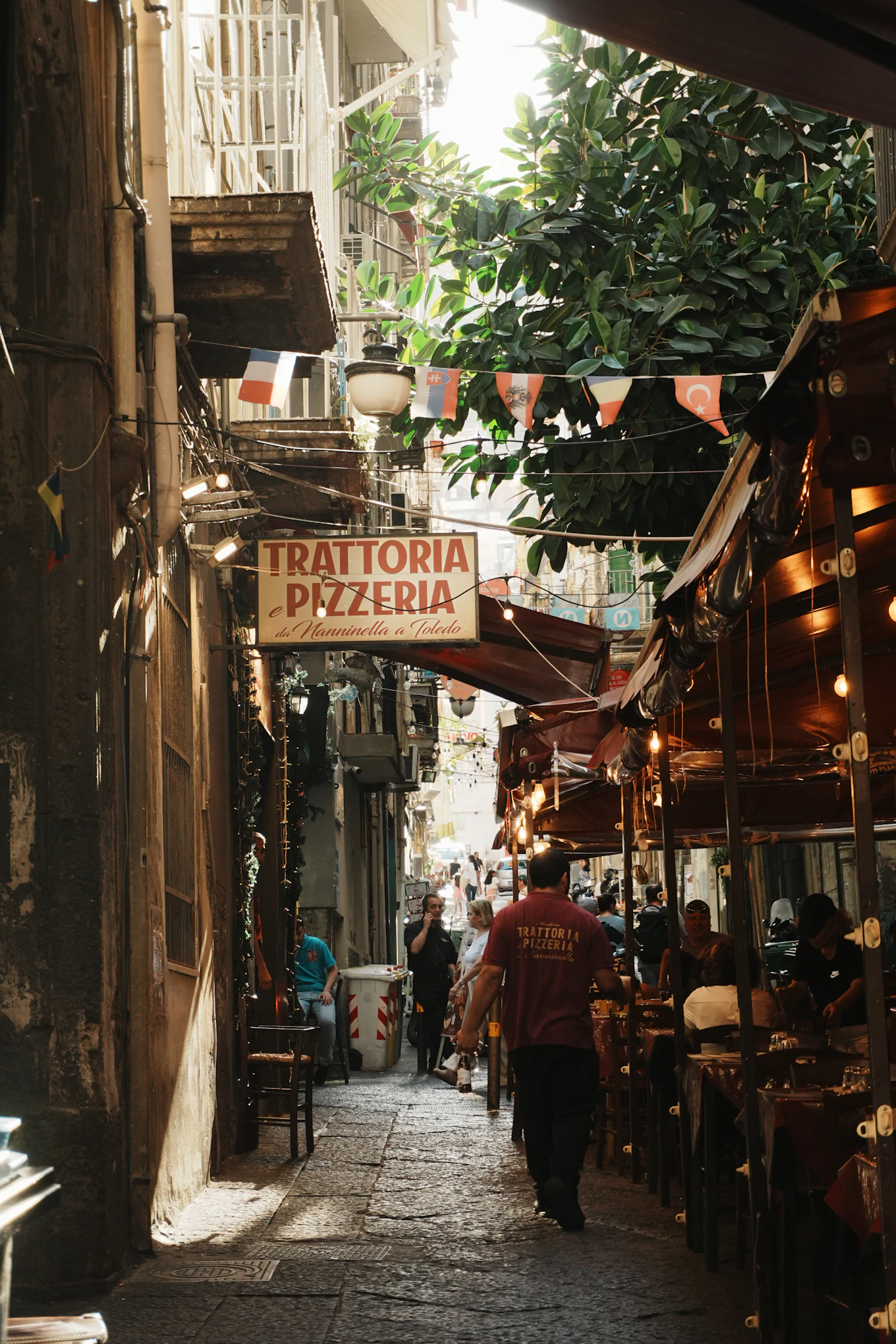 The street at dusk, trattoria signs on