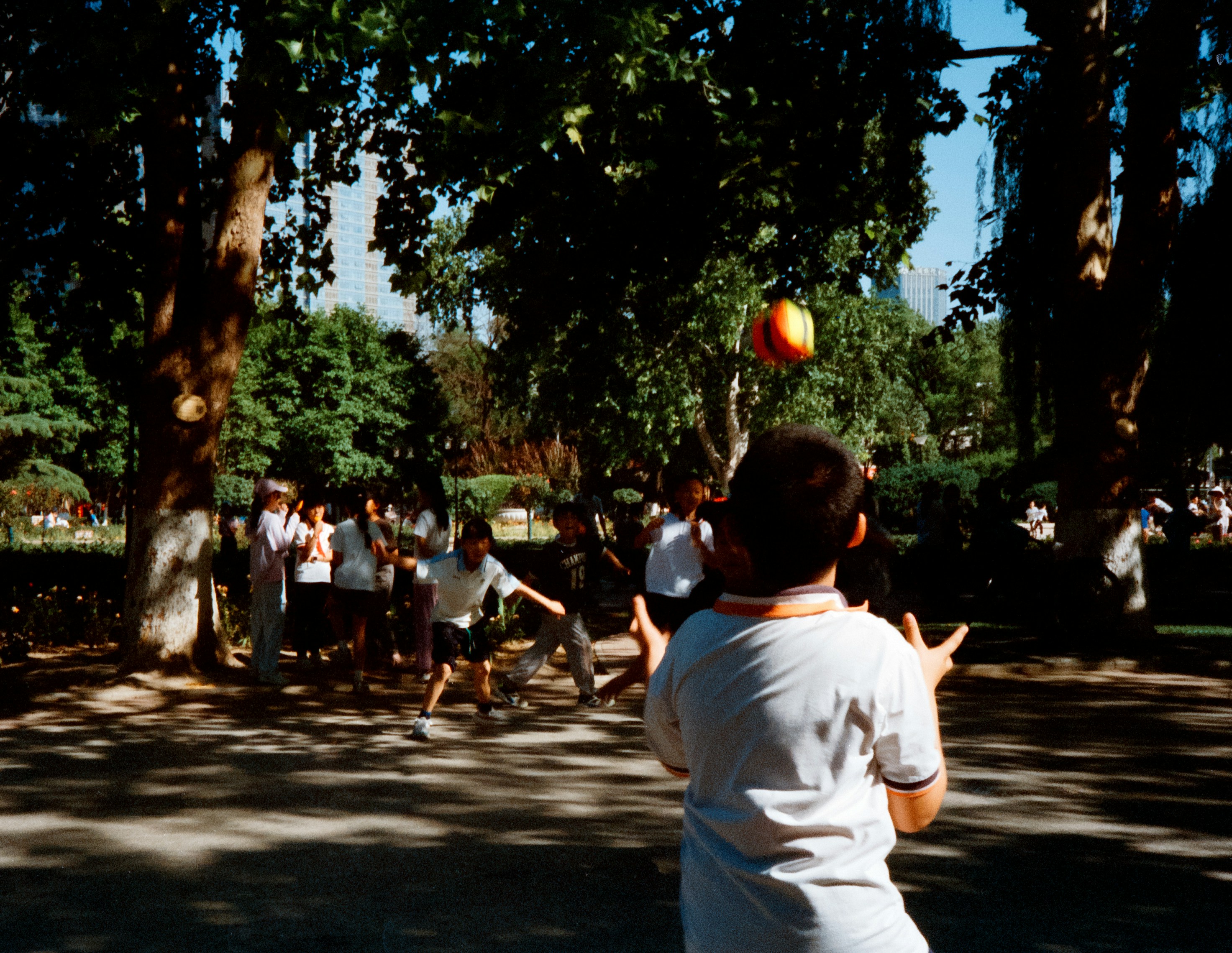 Children play with a ball outdoors under green trees.