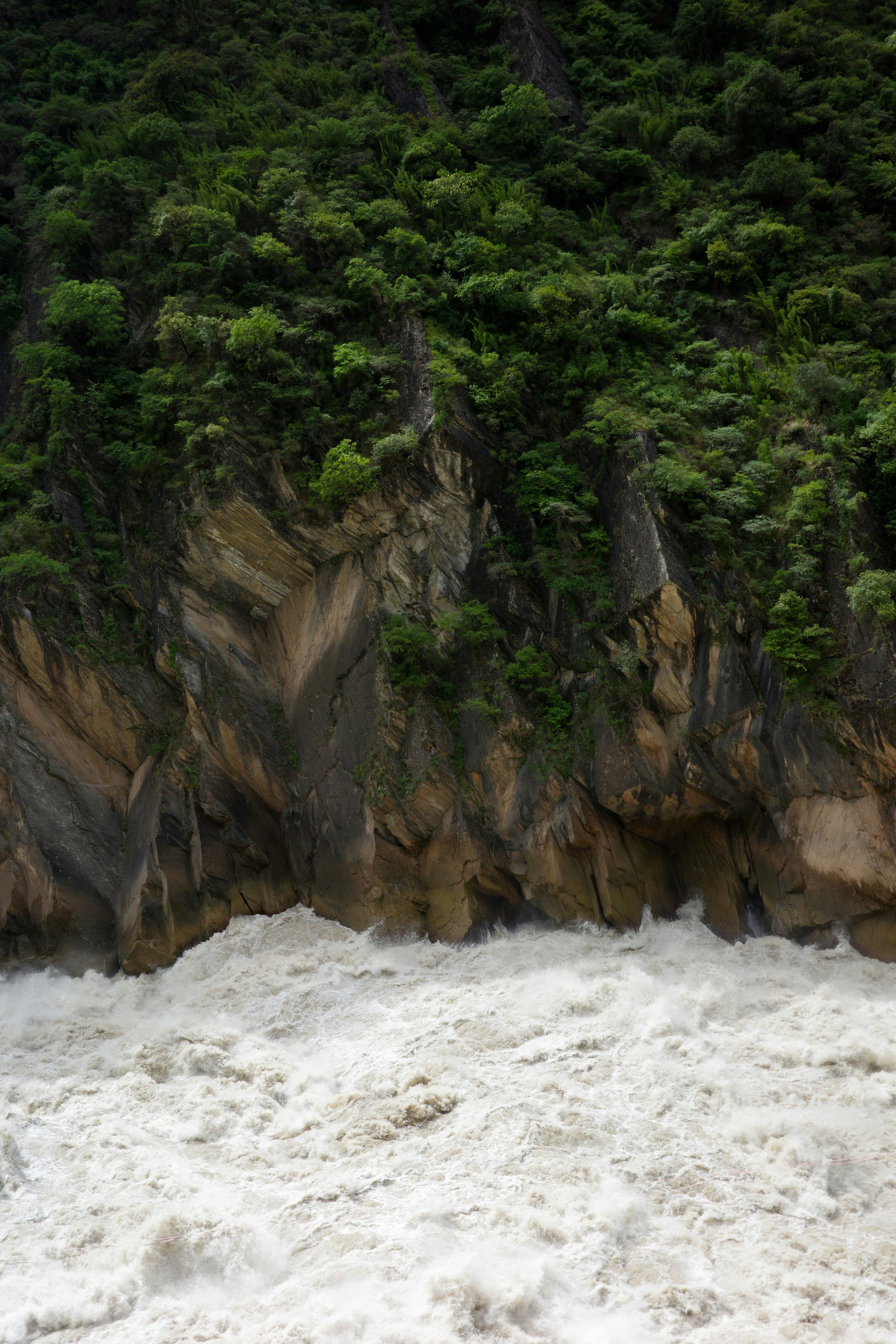 A steep, green cliff rises above a powerful, white-water river.
