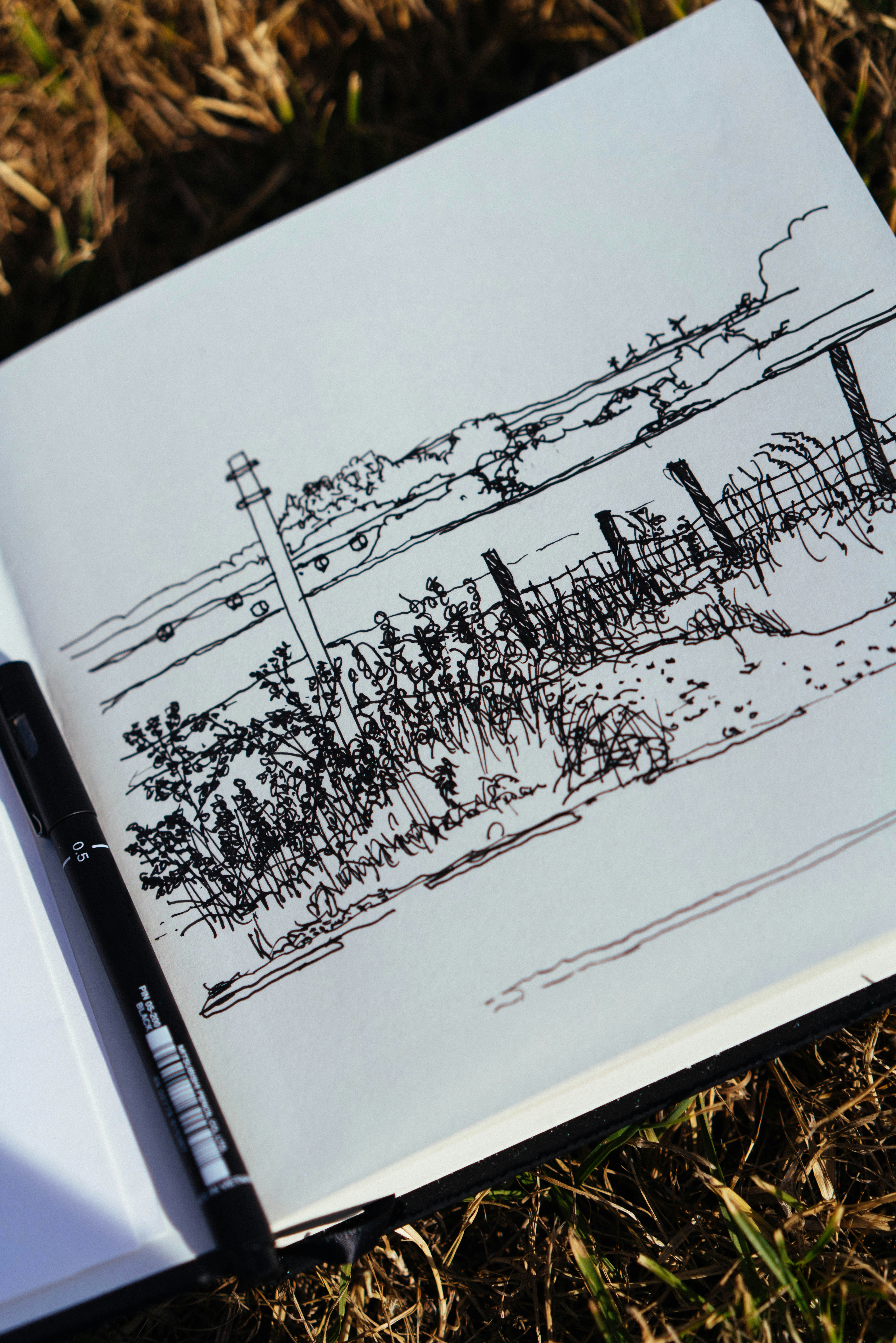 Open sketchbook with a pen drawing of a rural landscape.