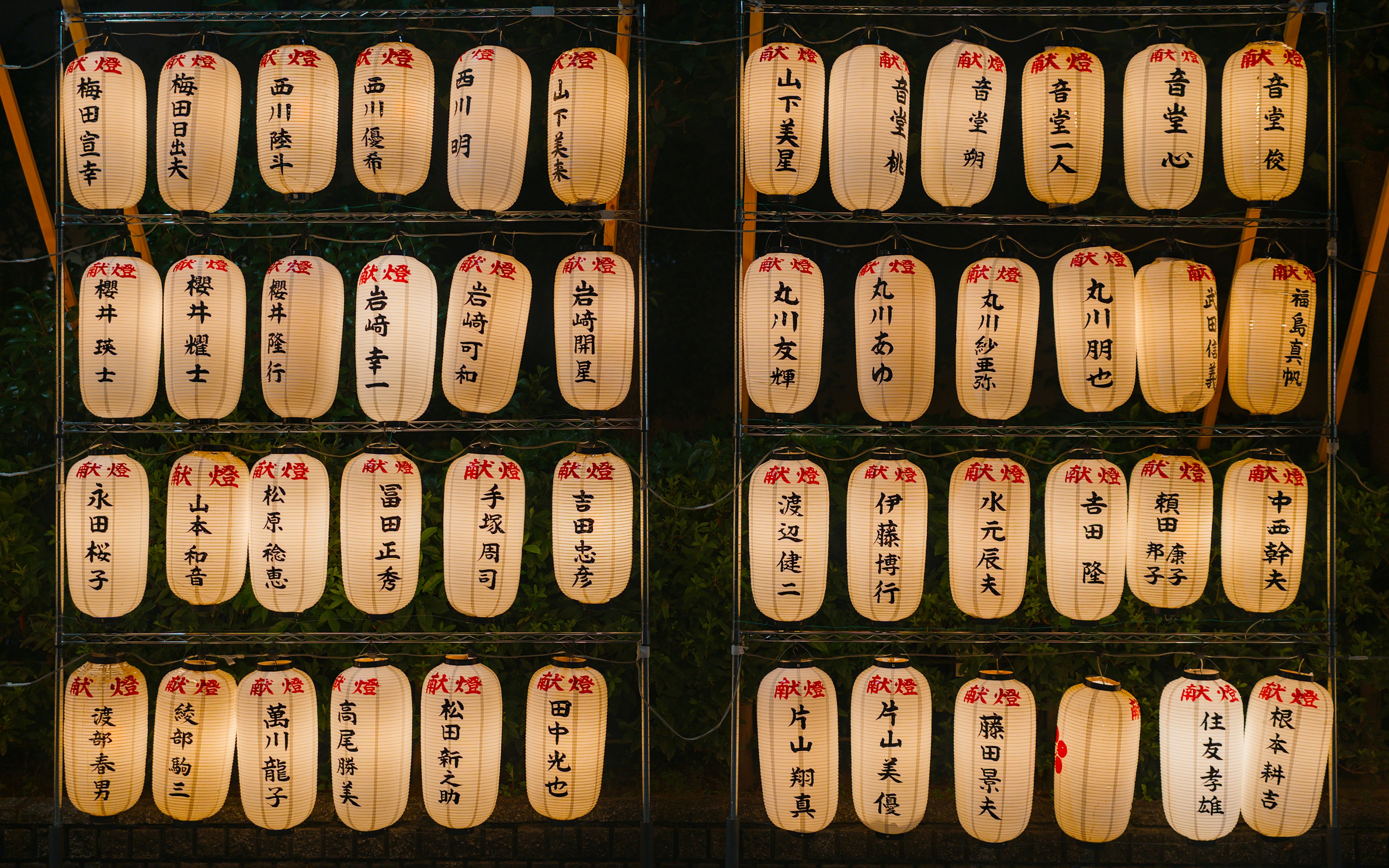 Des rangées de lanternes japonaises lumineuses avec des caractères noirs.