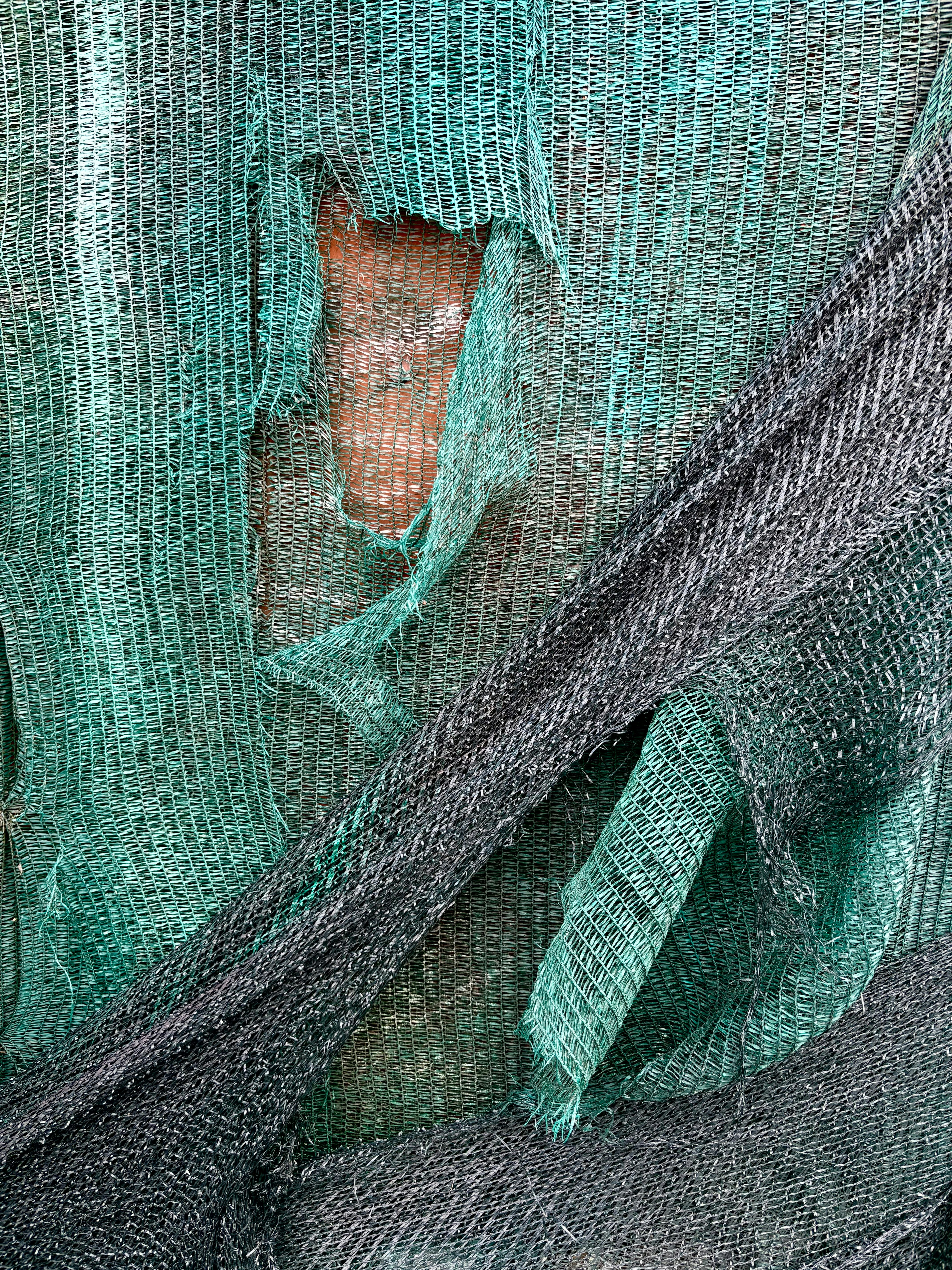 Torn green and grey netting revealing a reddish-brown background.