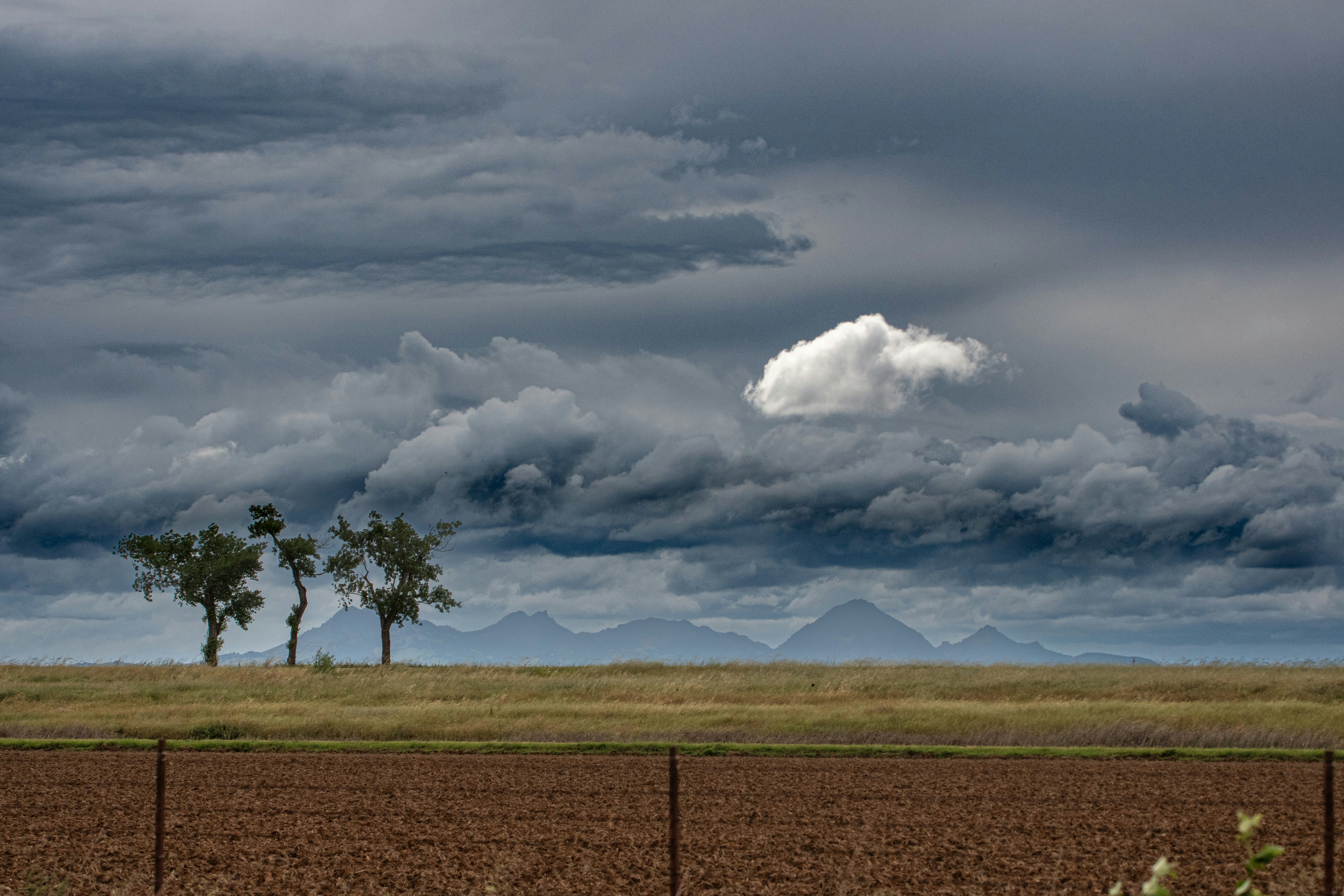 Des nuages d’orage spectaculaires sur les champs, les arbres et les montagnes lointaines.