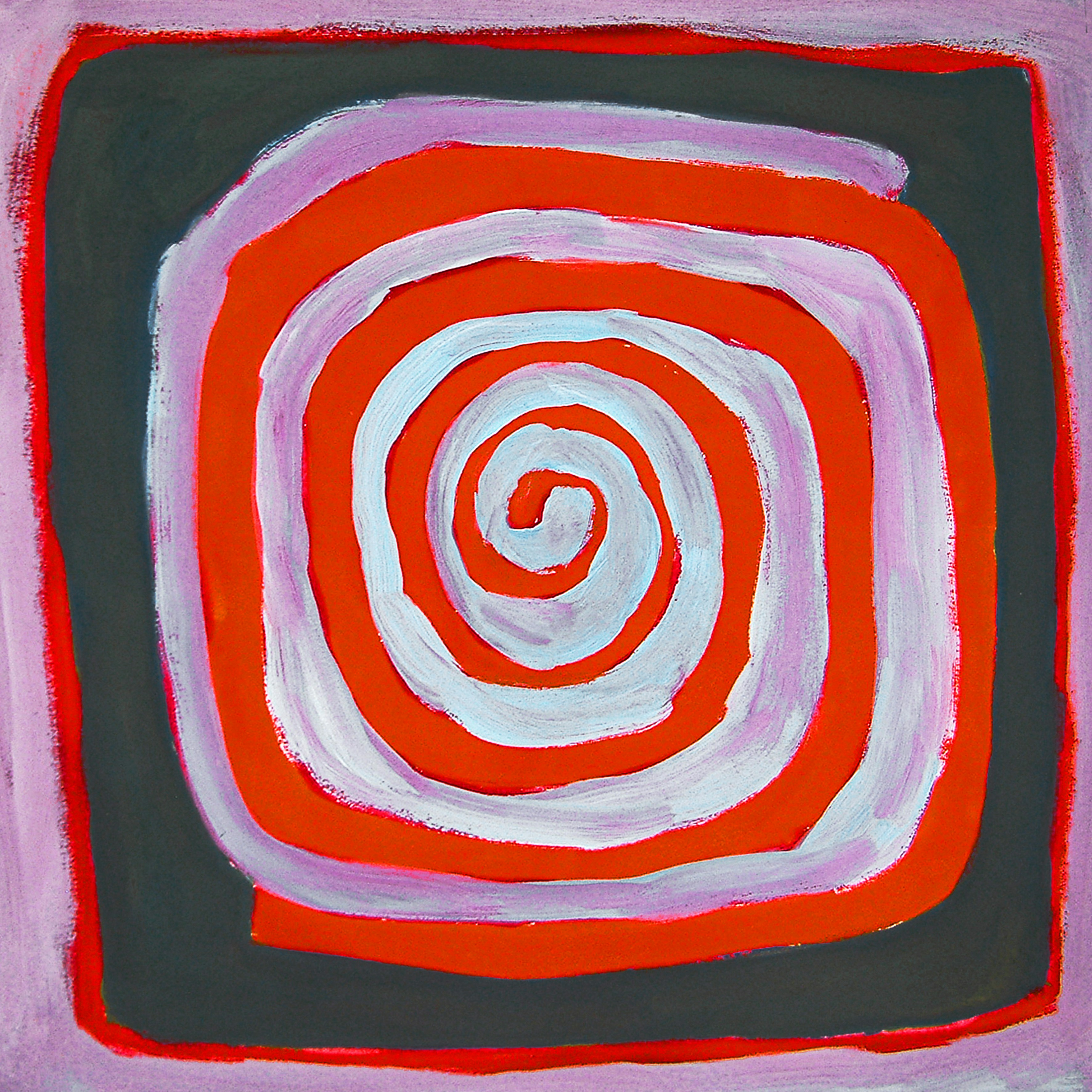 Abstraktes rot-weiß-rosa Spiralbild auf dunklem Hintergrund.