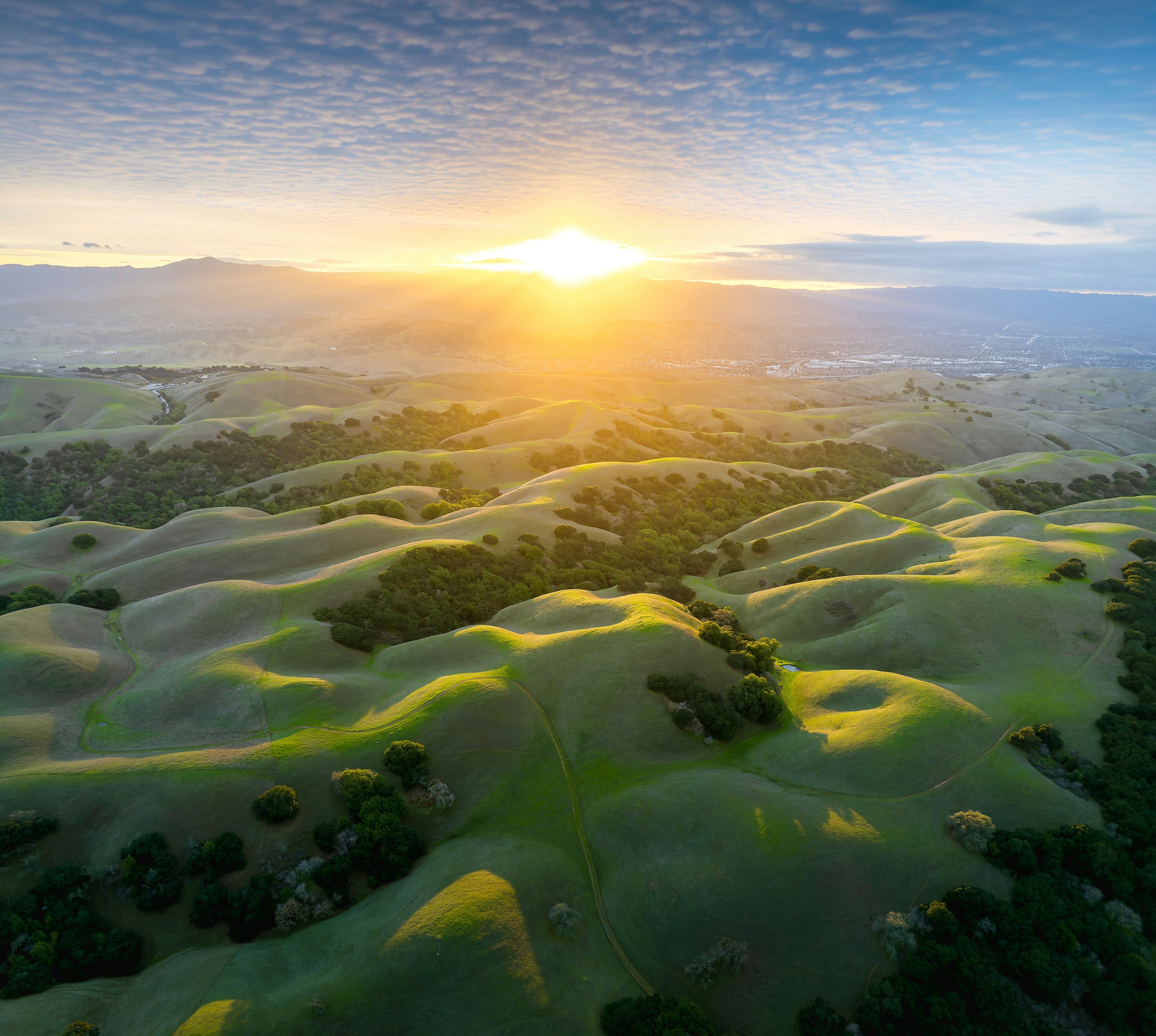 Golden sunrise illuminating rolling green hills