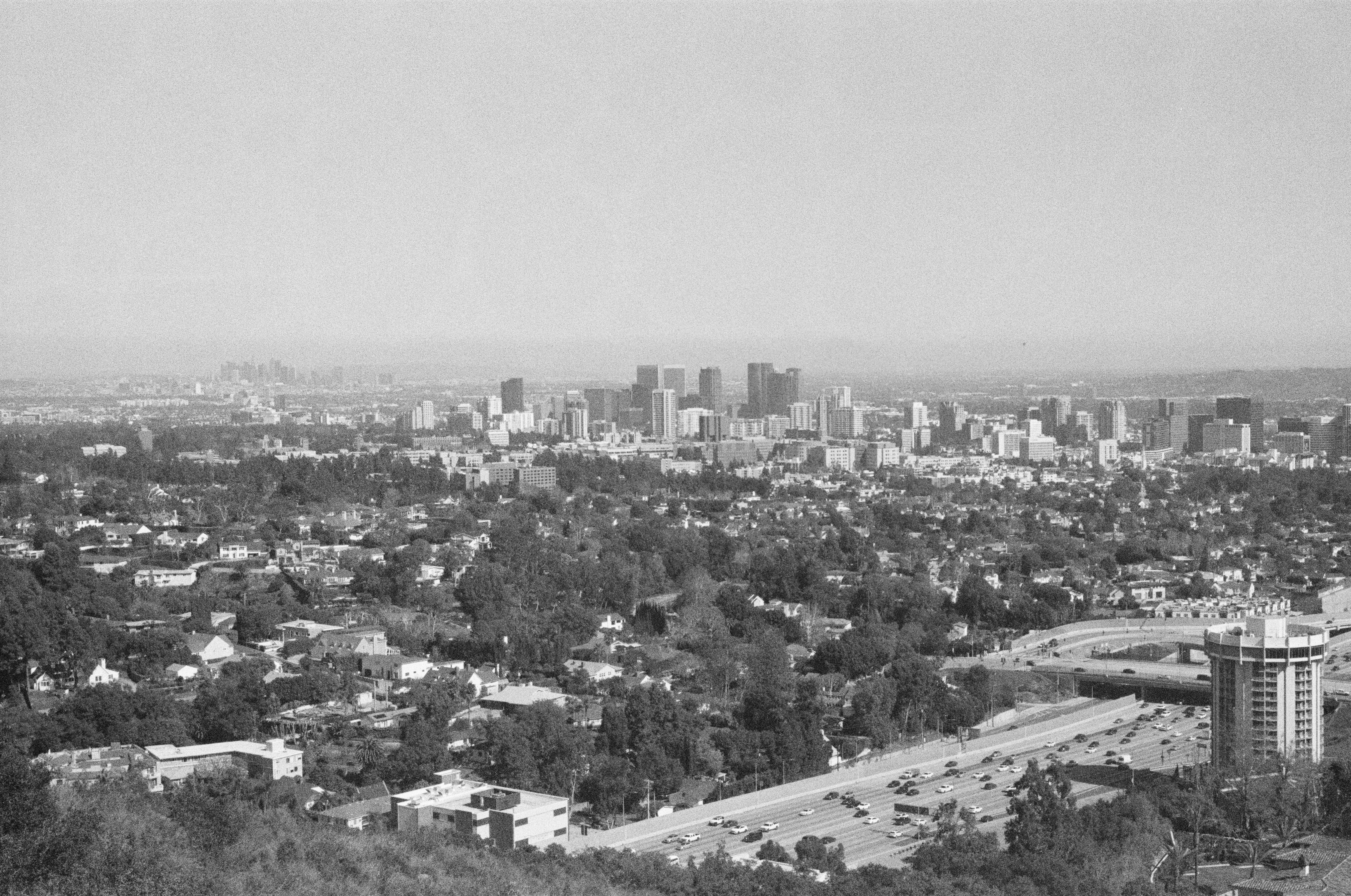 Black and white city panorama with skyline, homes, and highway
