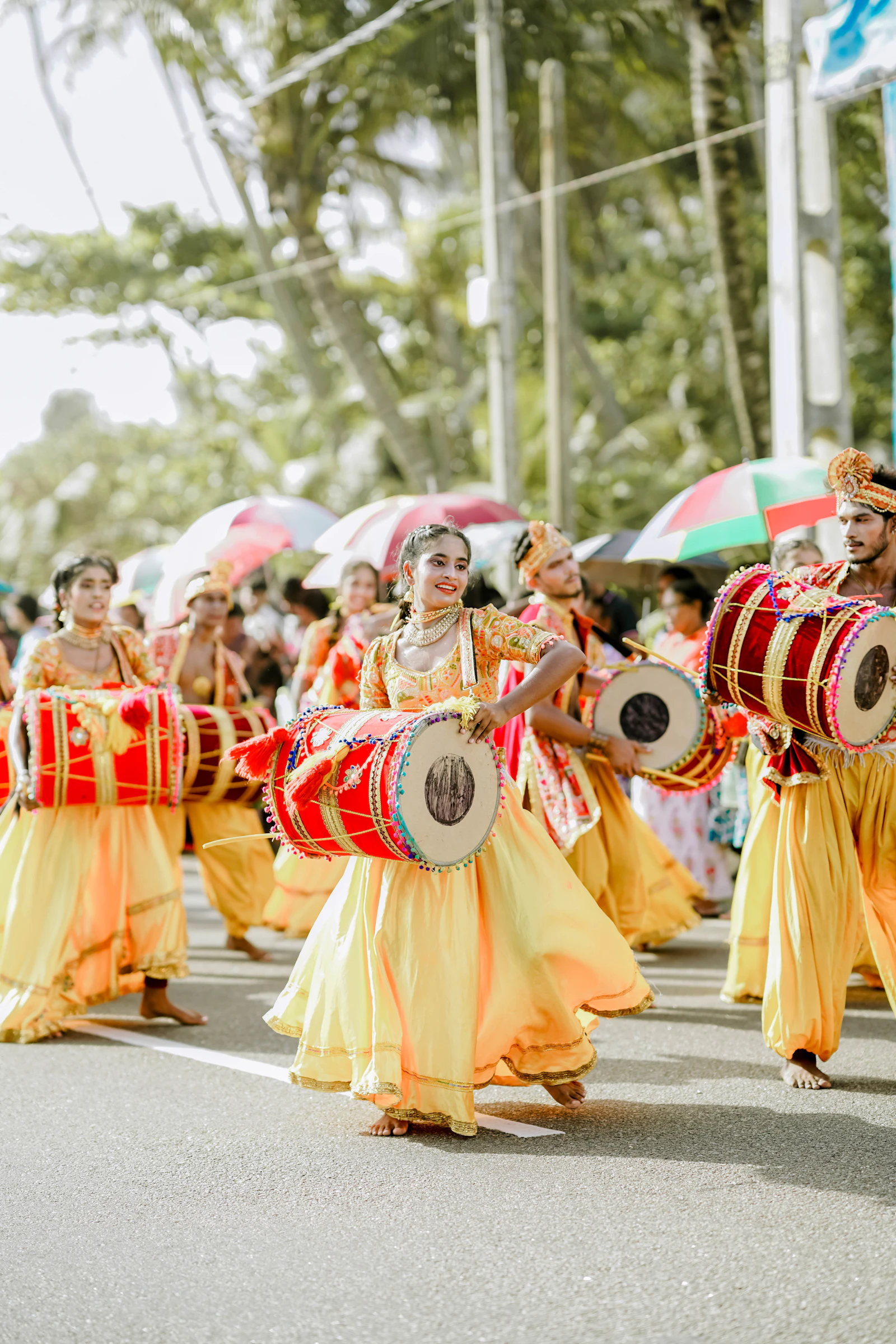 Percussion in procession — festival ensembles can bring together hundreds of artistes.