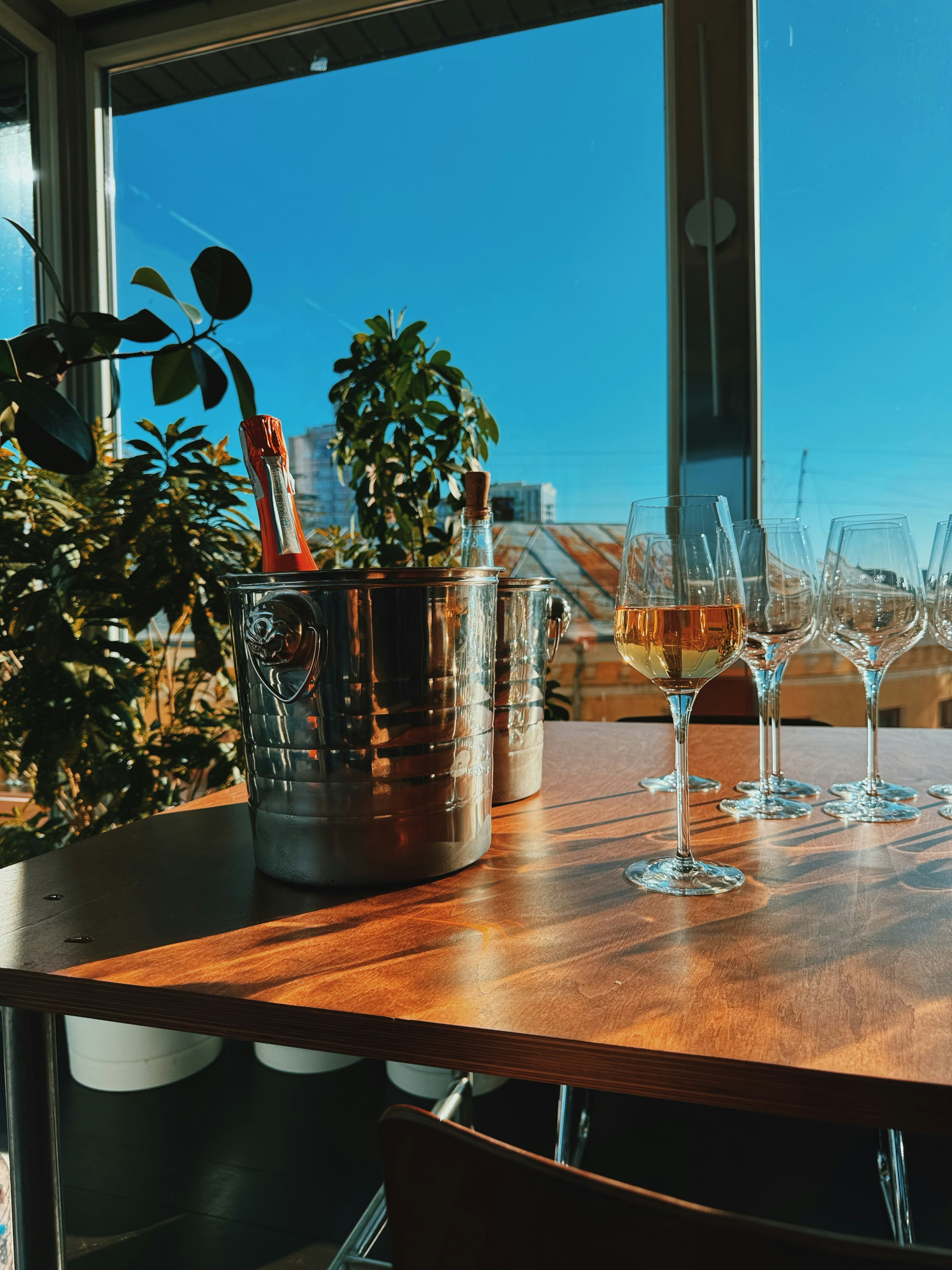 White wine glasses and ice bucket on a sunlit table.