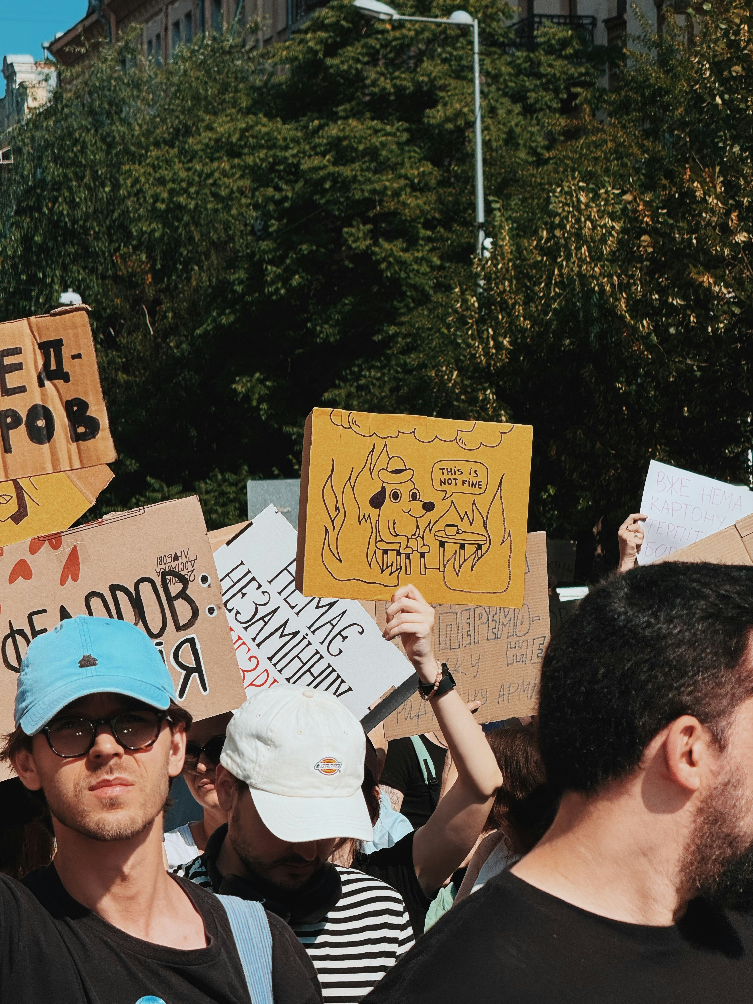 People protesting with signs, one showing "this is fine".