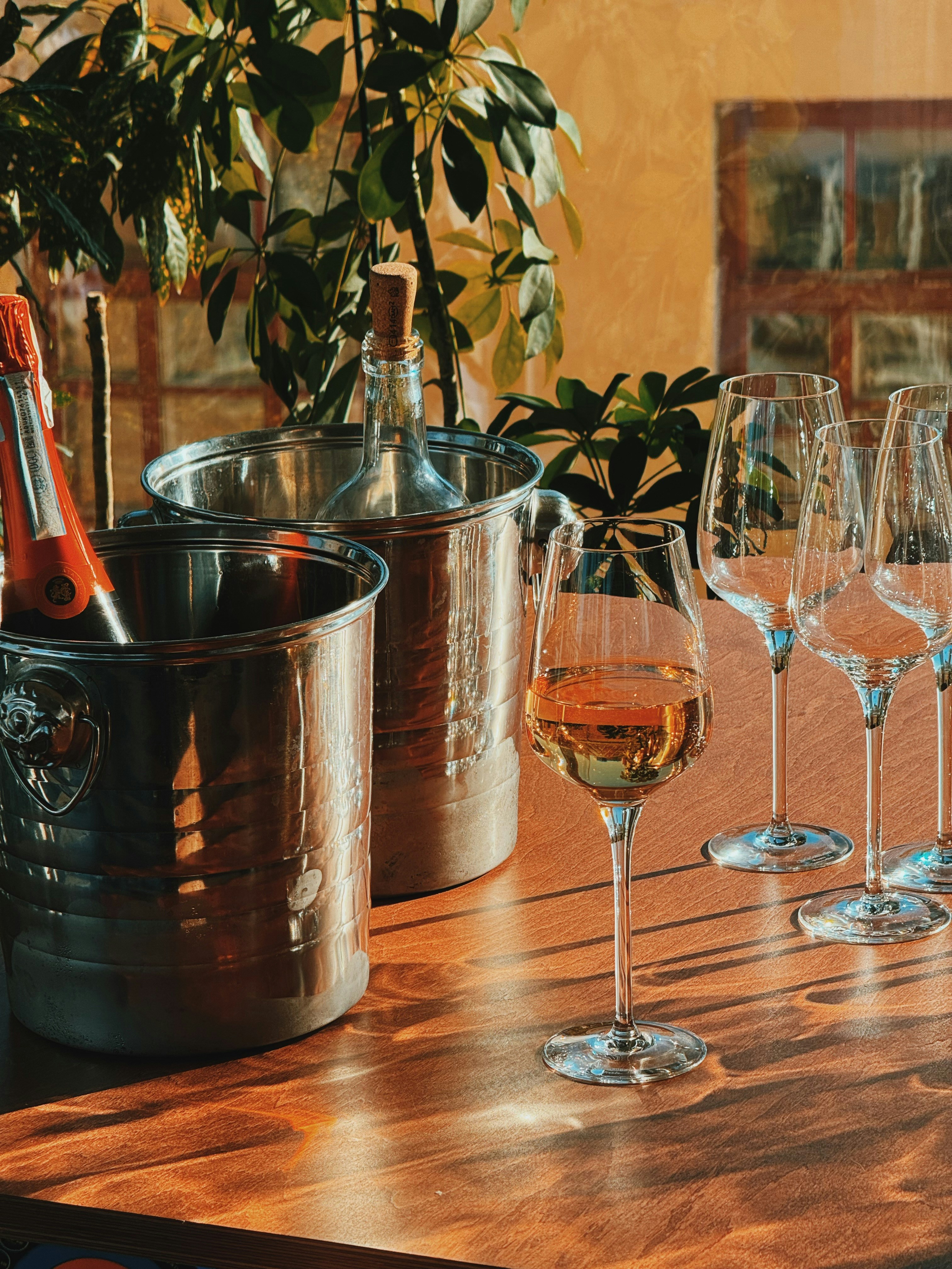White wine, champagne, and glasses on a sunlit wooden table.