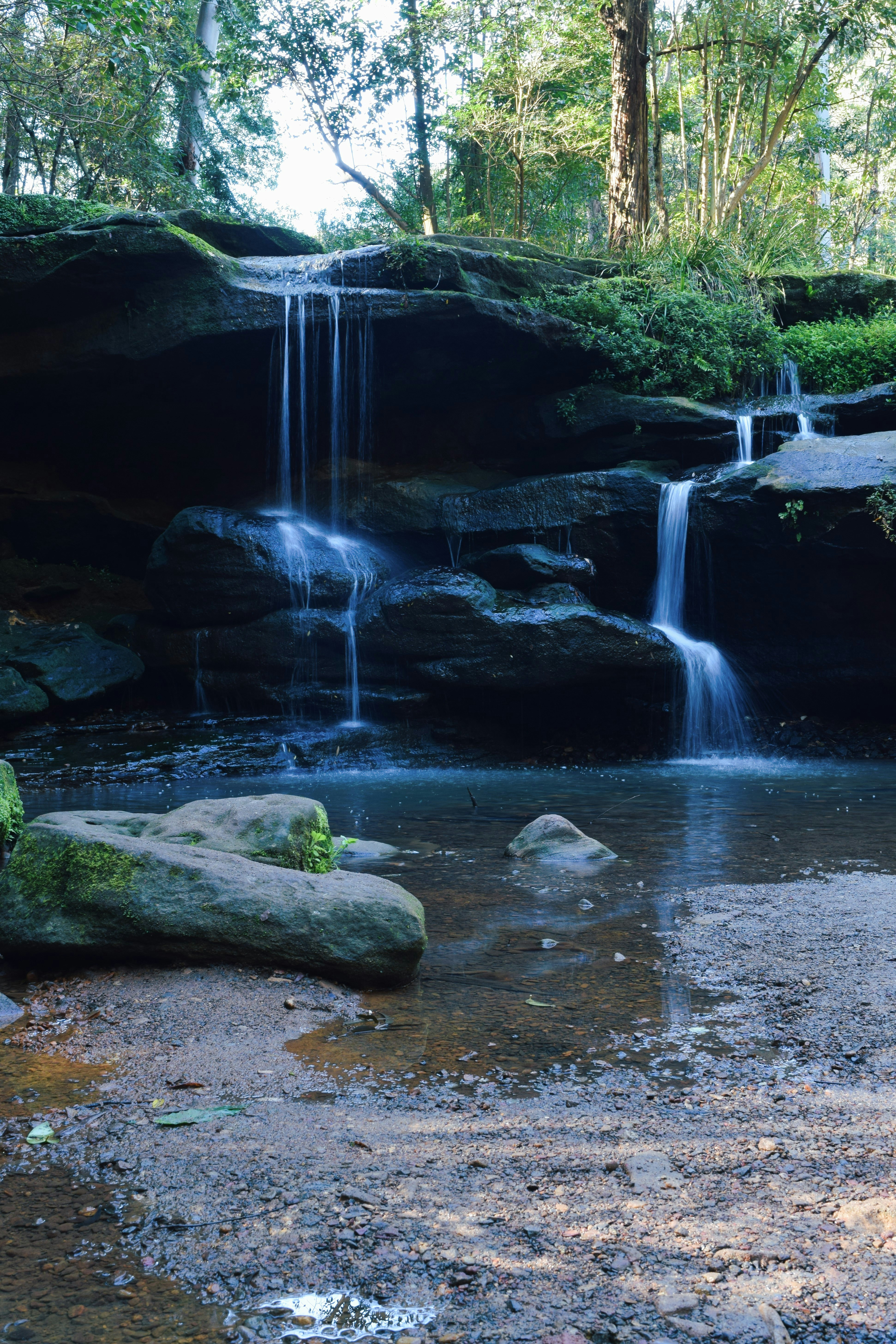 Ein ruhiger Wasserfall, der über dunkle Felsen in einem üppigen Wald stürzt.