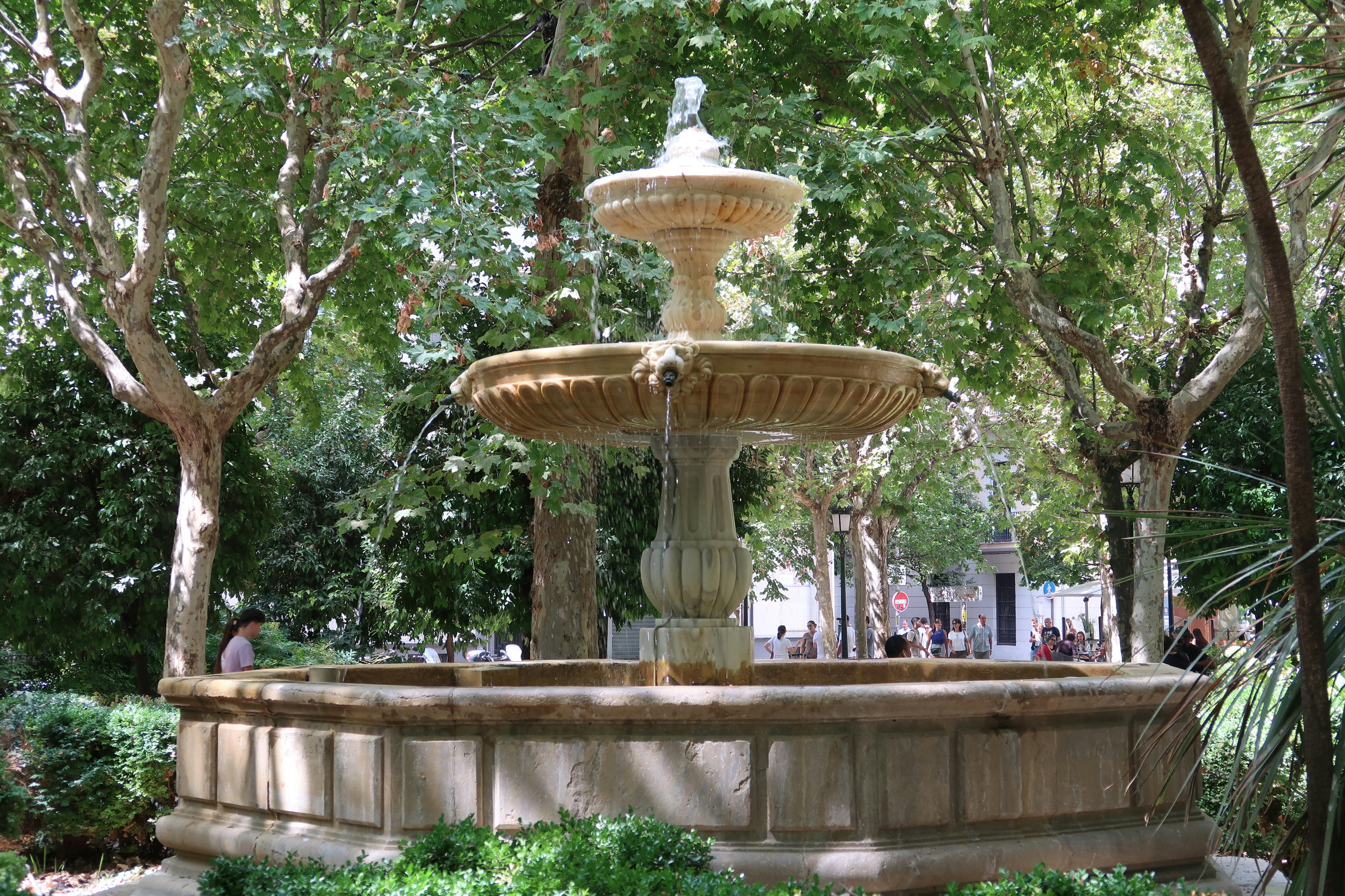 Ornate stone fountain under trees