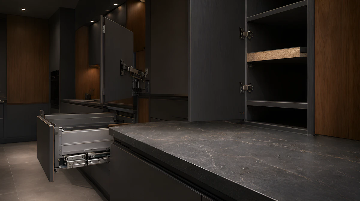Appliance garage hiding small appliances in a kitchen cupboard