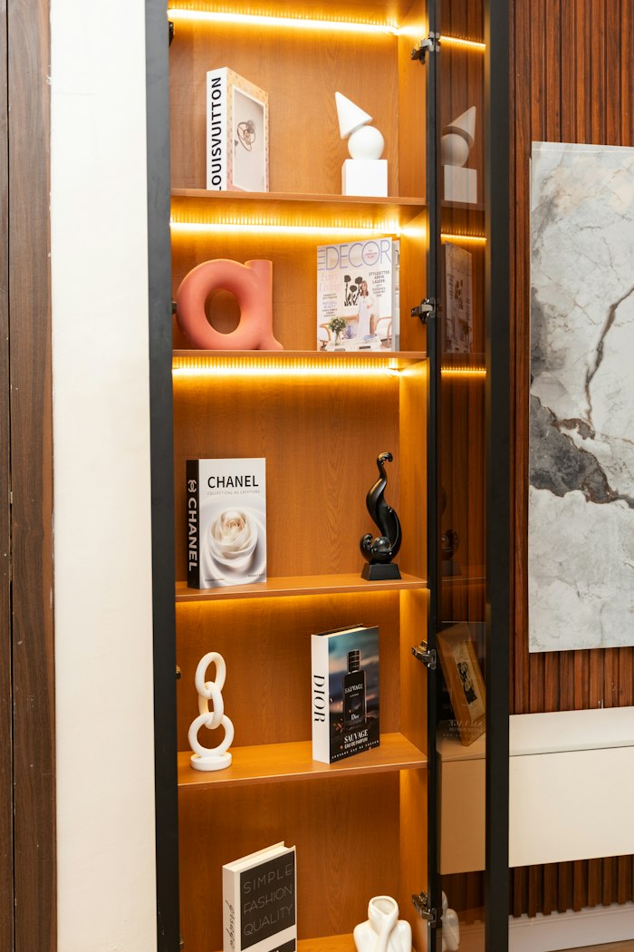 Warm shelving with orange accents