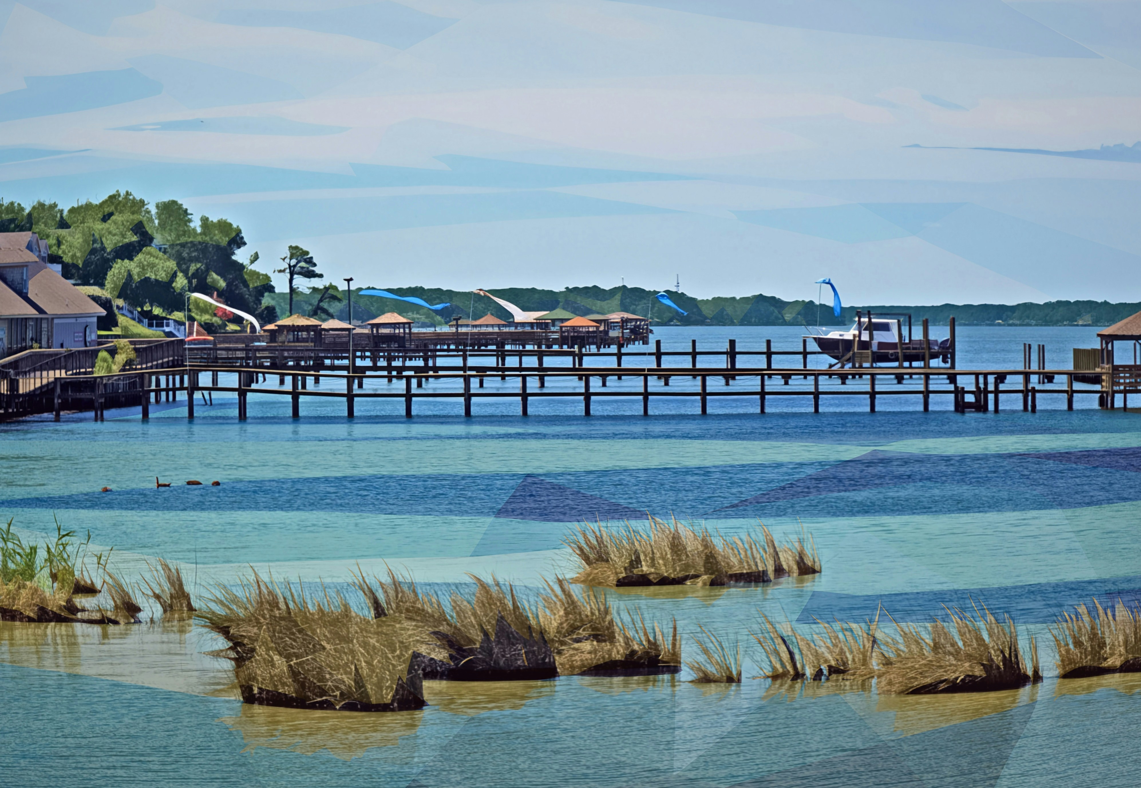 A long wooden pier extends over blue water with reeds
